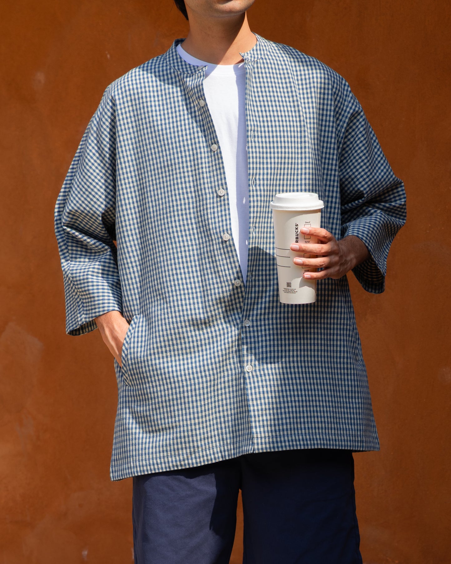 Blue & Cream Checked Kimono Shirt