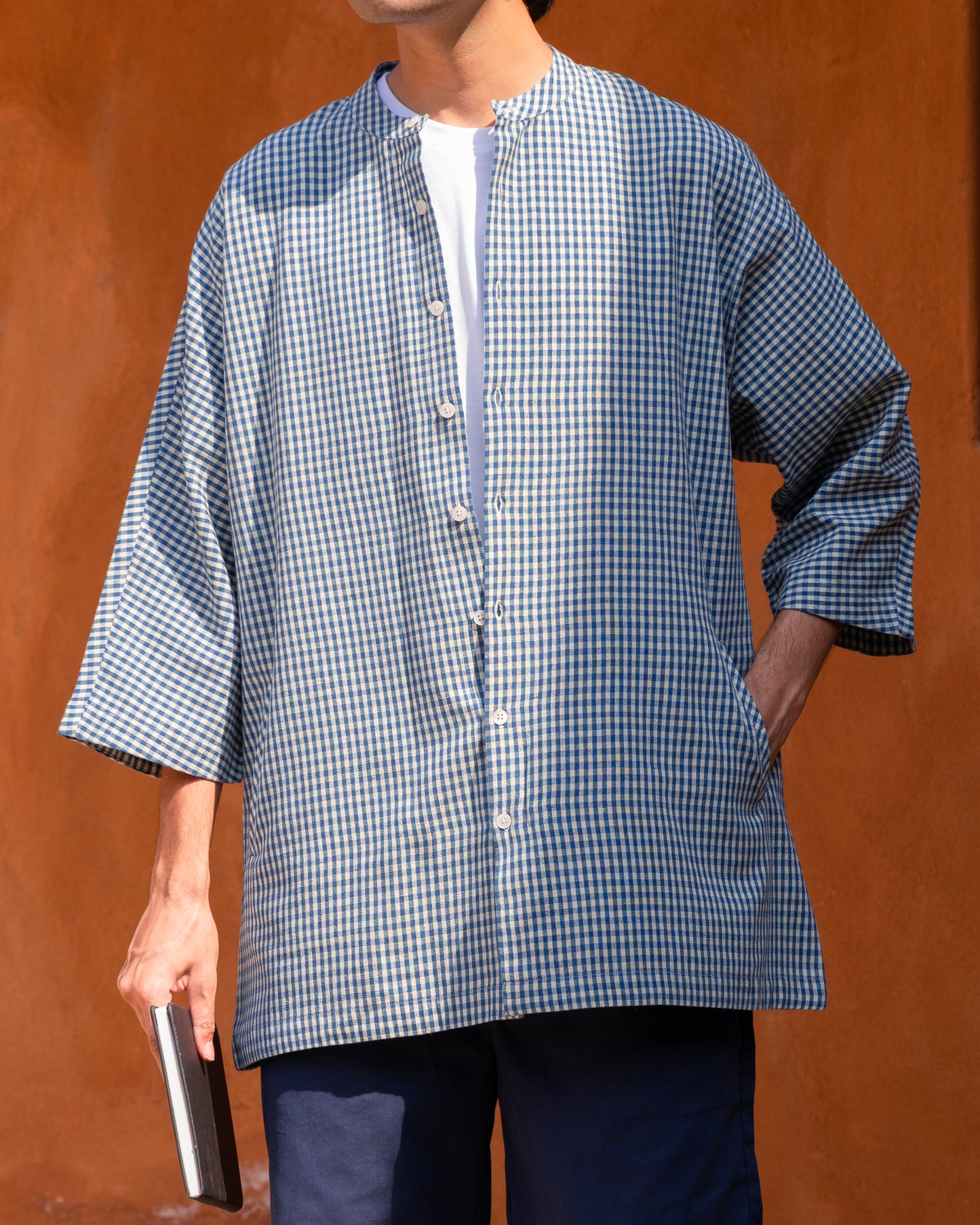 Blue & Cream Checked Kimono Shirt