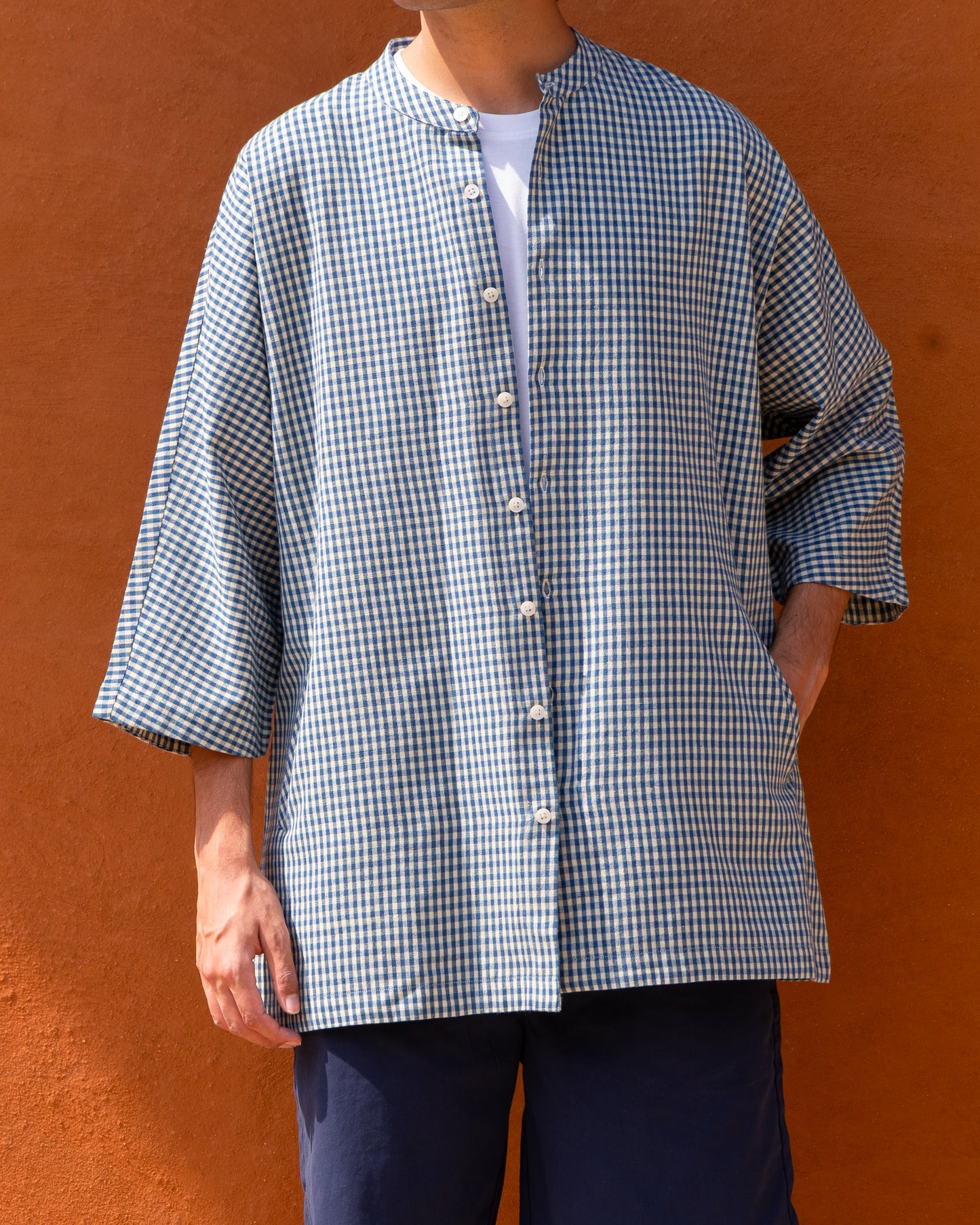 Blue & Cream Checked Kimono Shirt