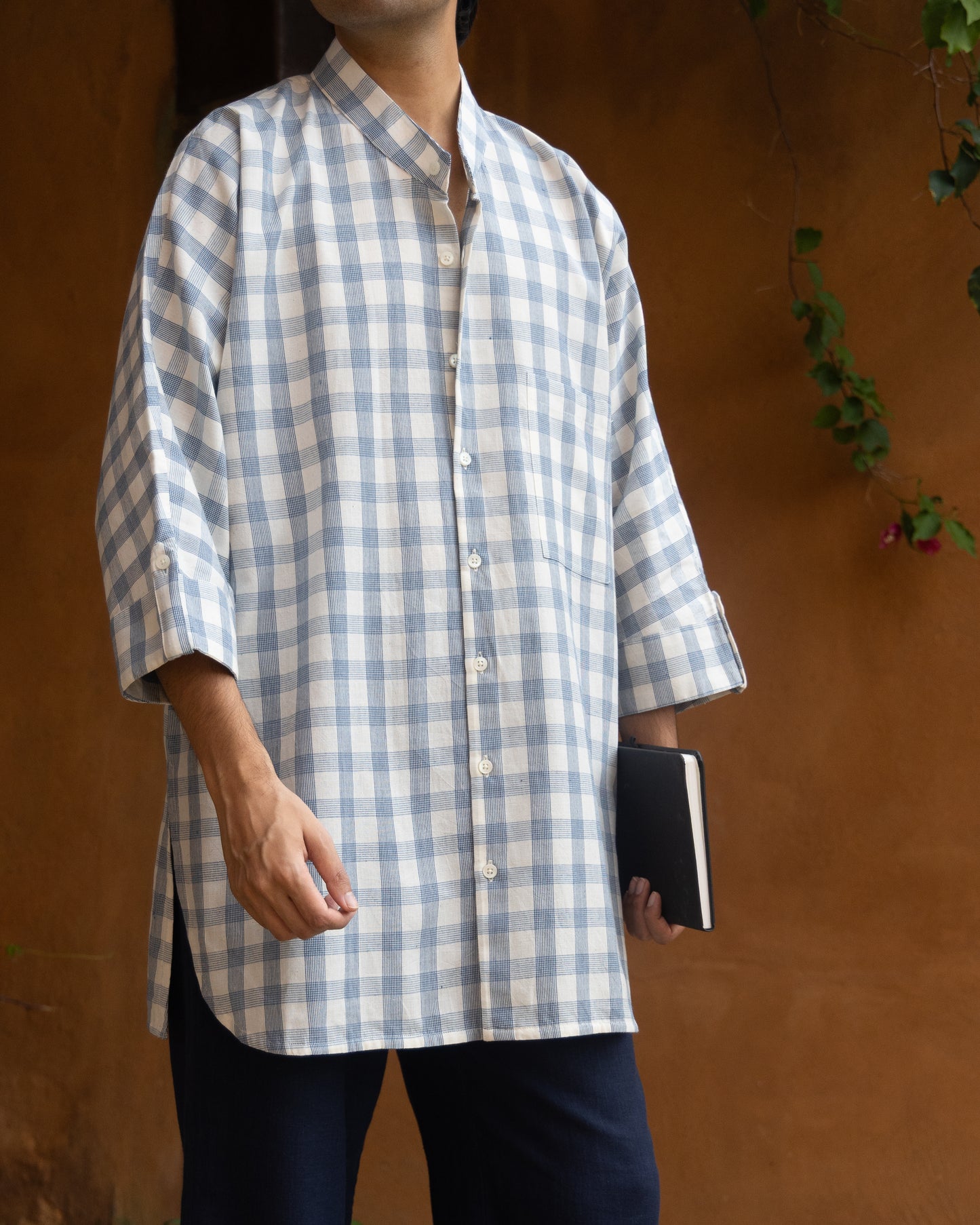 Long Kimono Shirt | Blue Striped Check