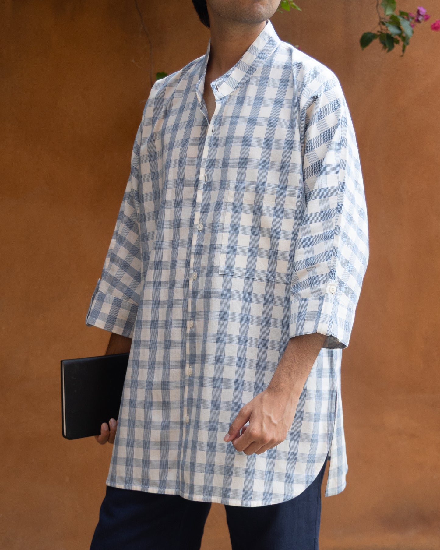 Long Kimono Shirt | Blue Striped Check