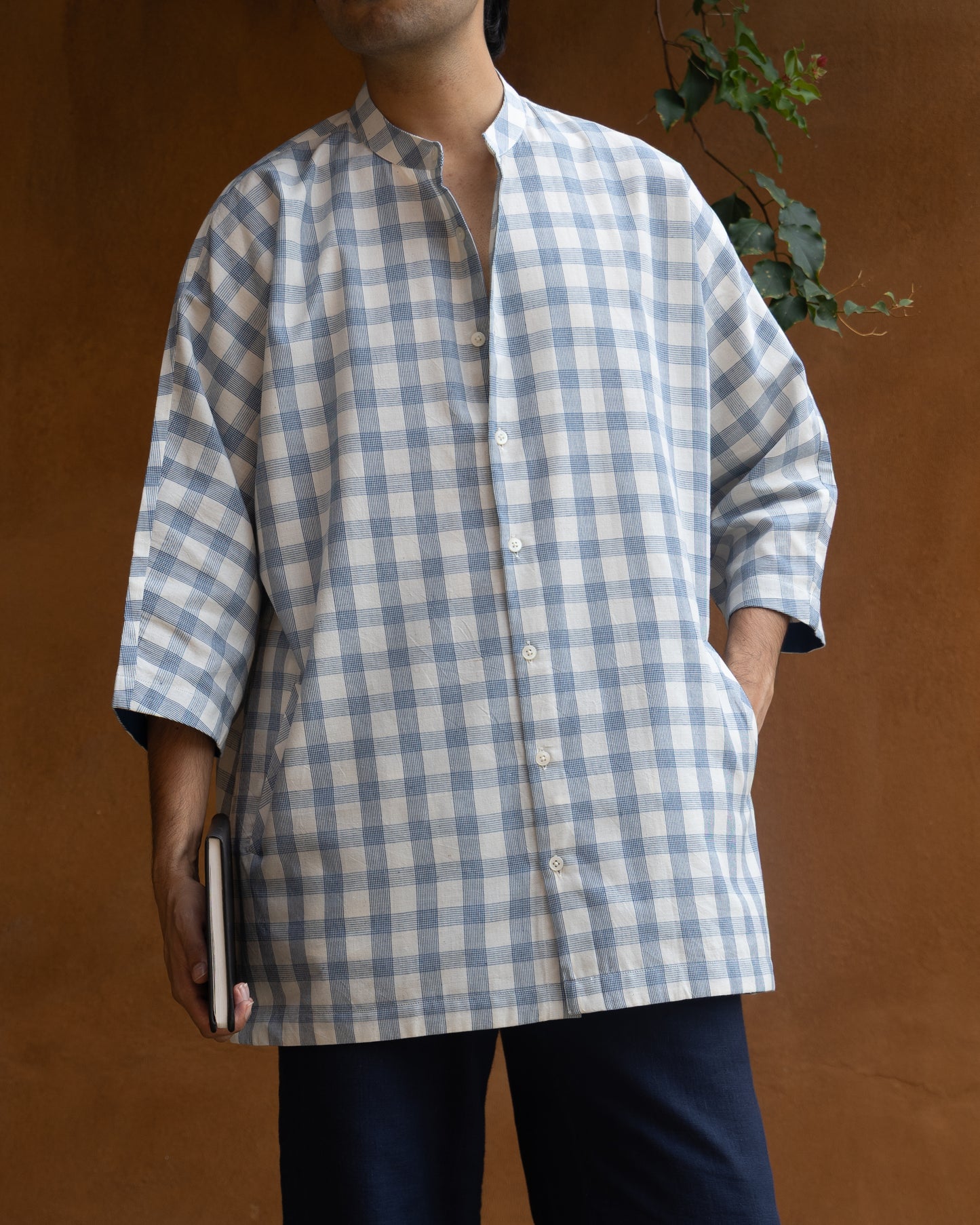 Blue Striped Check Kimono Shirt
