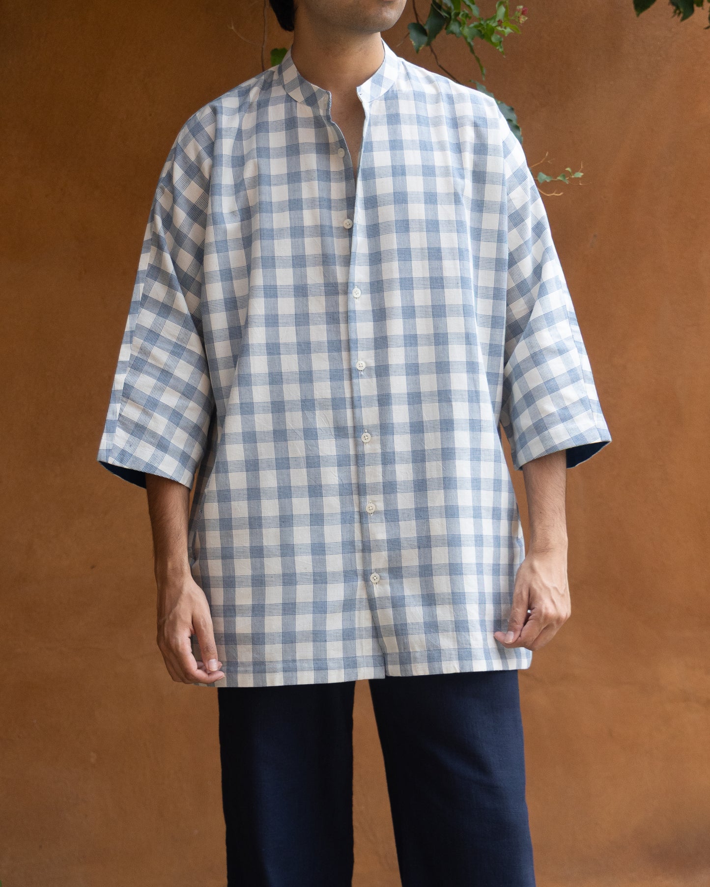 Blue Striped Check Kimono Shirt
