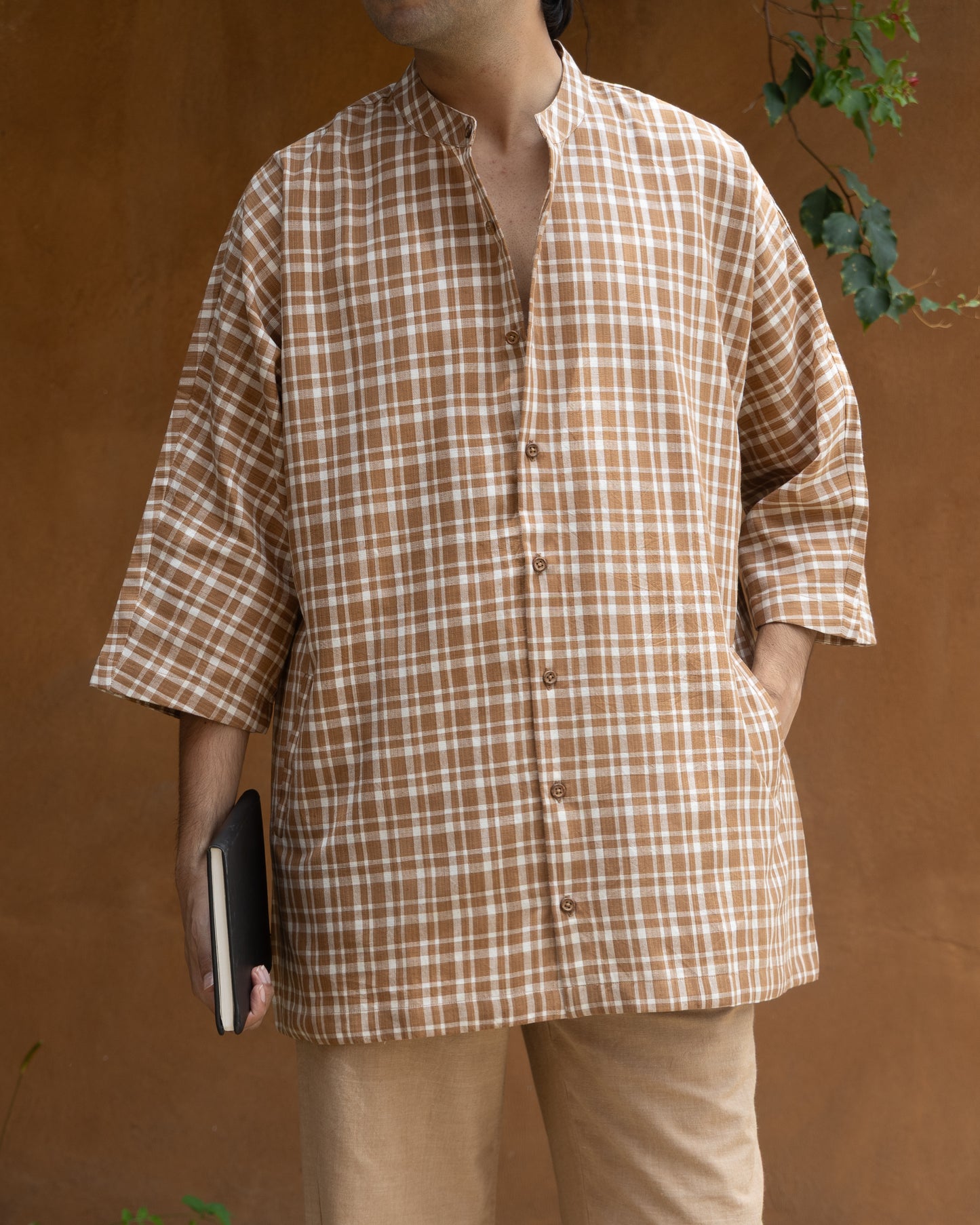 Earthy Brown Check Kimono Shirt