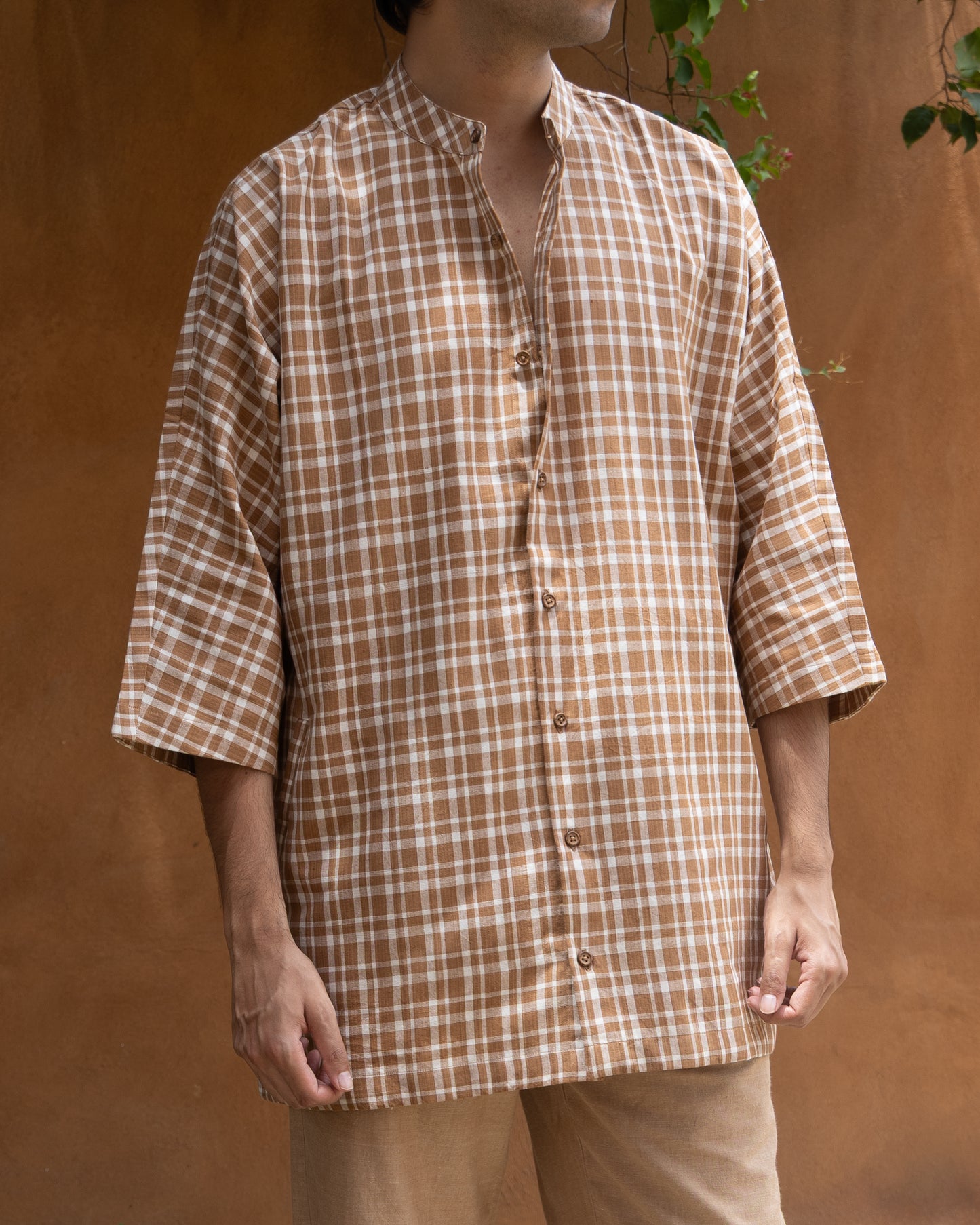 Earthy Brown Check Kimono Shirt