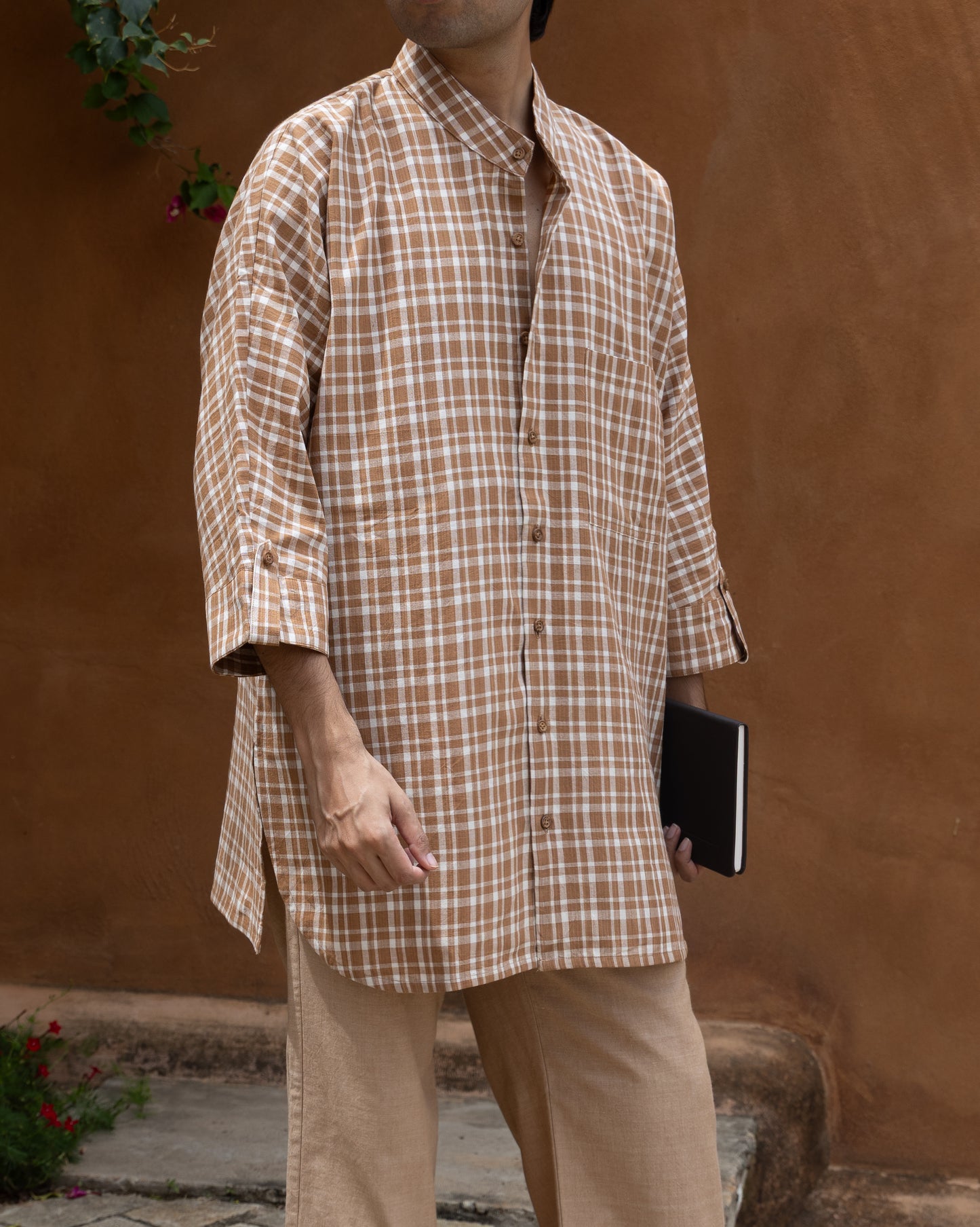Long Kimono Shirt | Earthy Brown Check