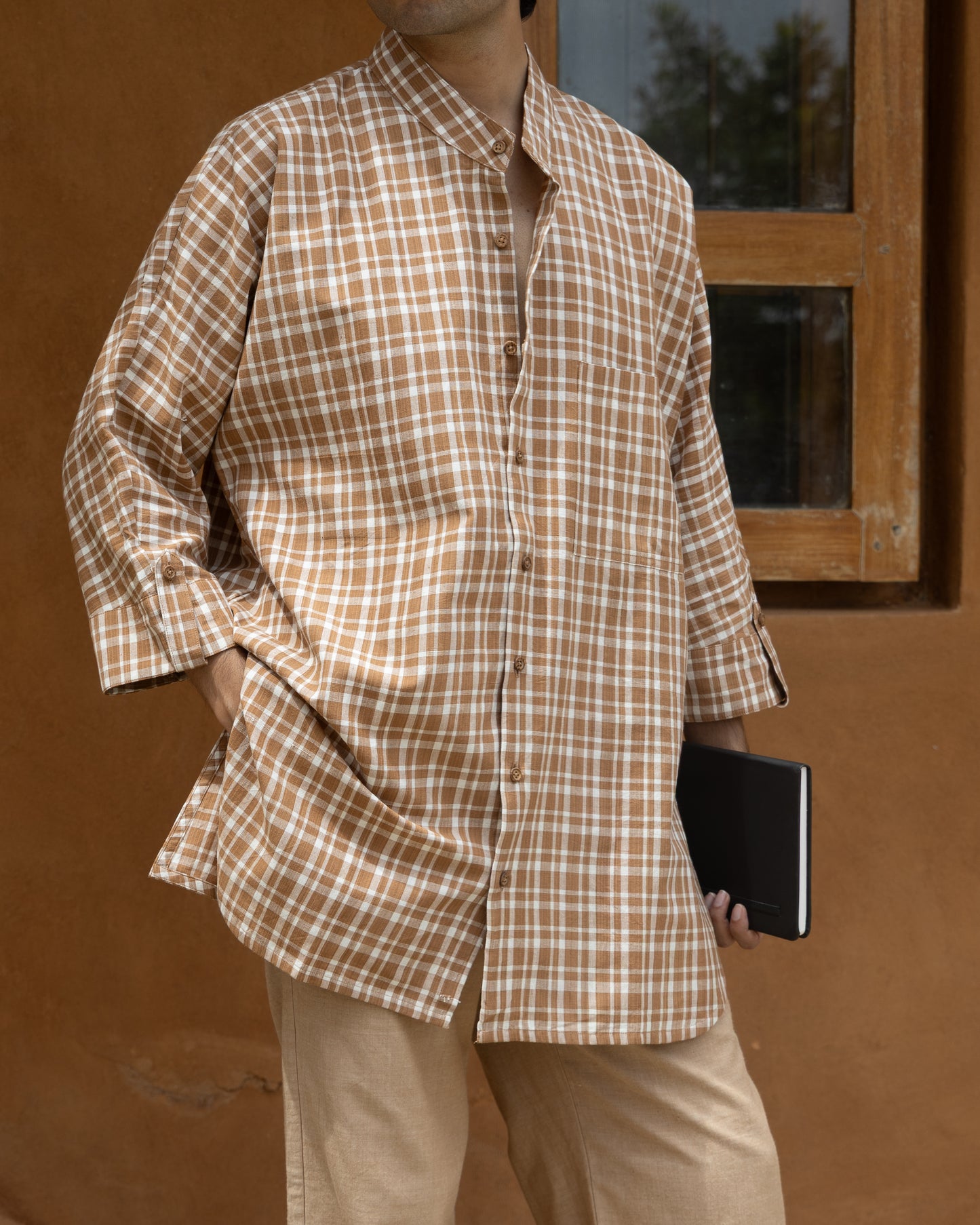 Long Kimono Shirt | Earthy Brown Check