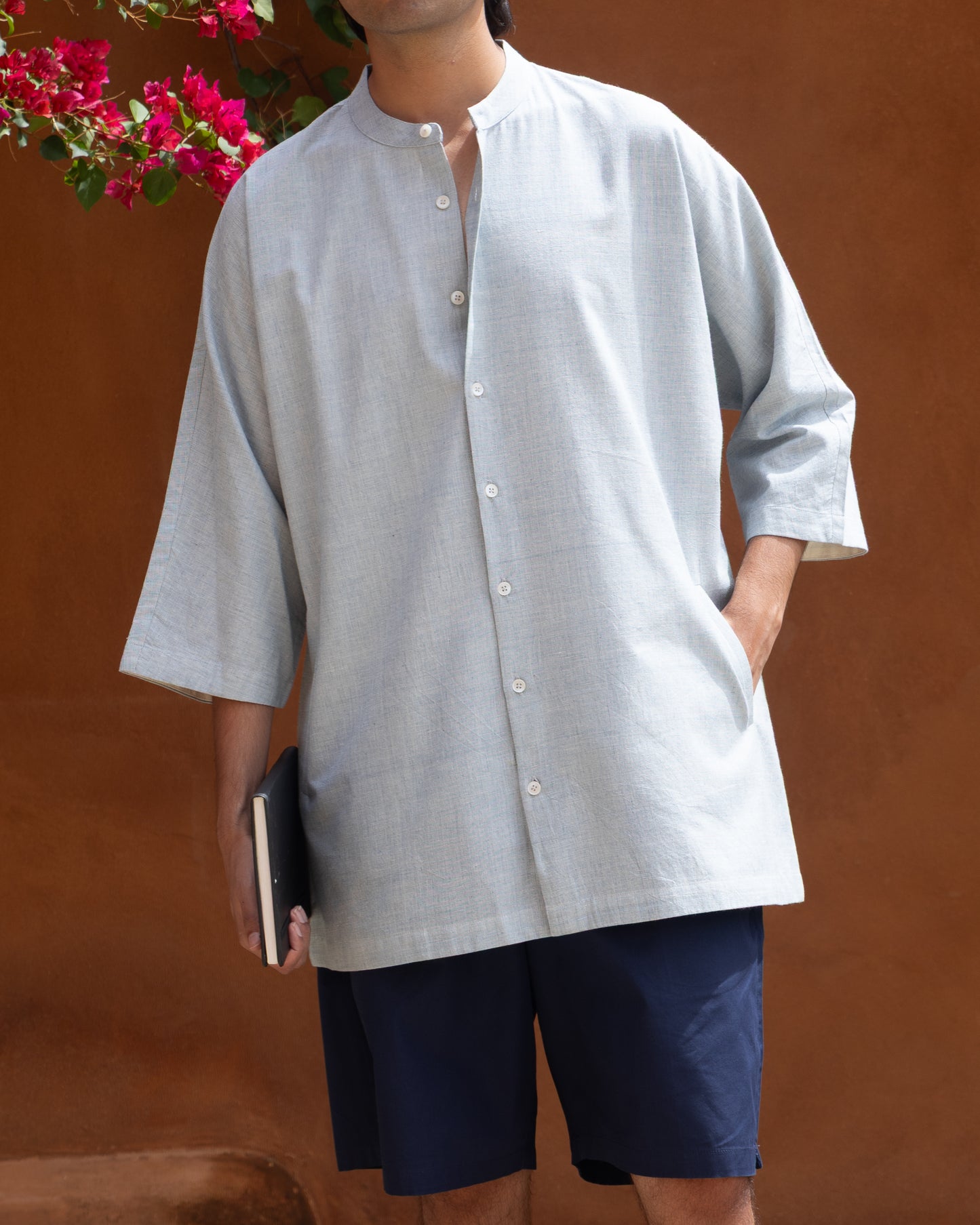 Baby blue Khadi cotton kimono shirt for men with 3/4 sleeves, handwoven from organic fabric in a Japanese-inspired style.