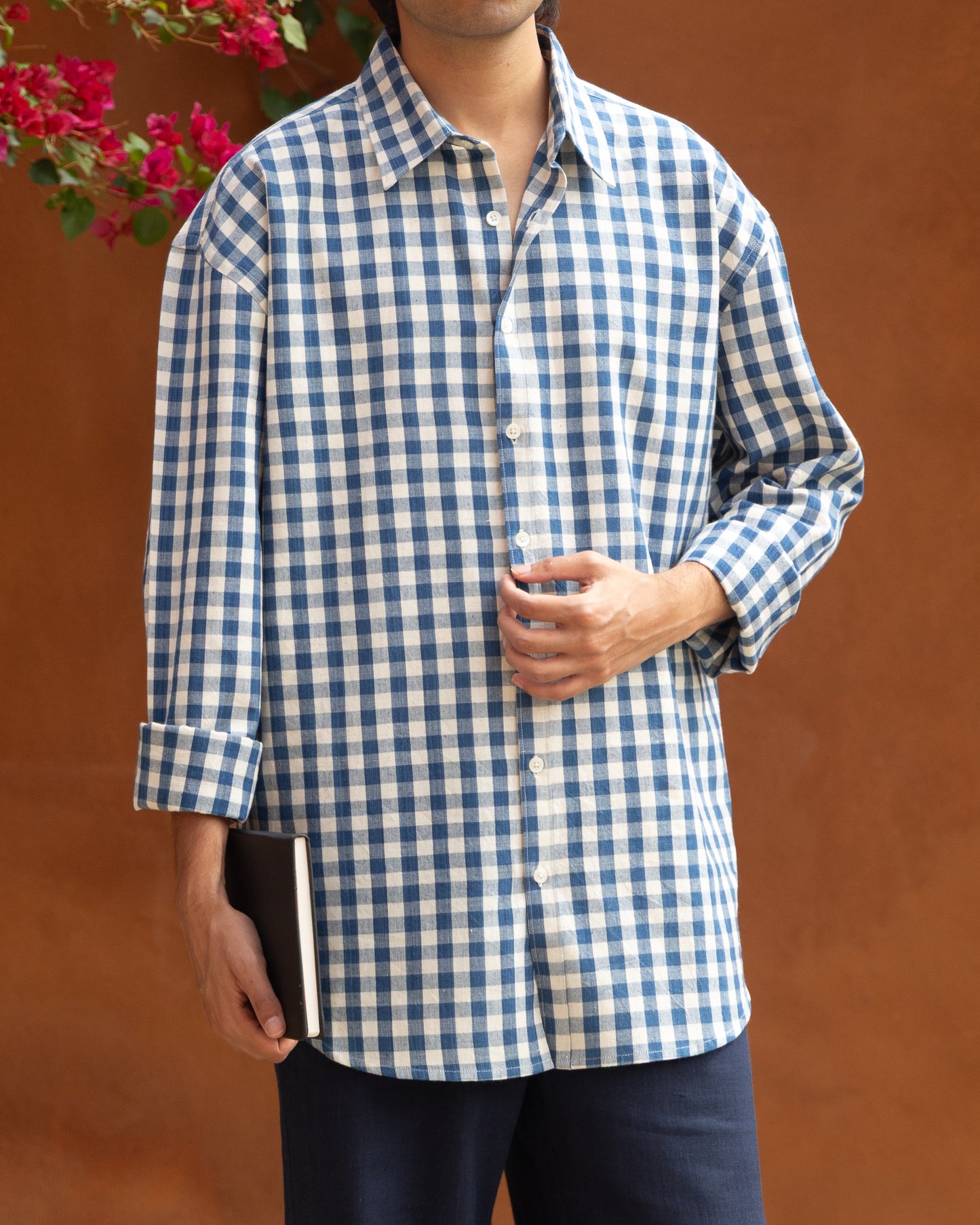 Relaxed fit blue box Khadi cotton shirt for men, handloom and handwoven with organic cotton fabric. Limited edition eco-friendly luxury shirt in earthy pastel tones.