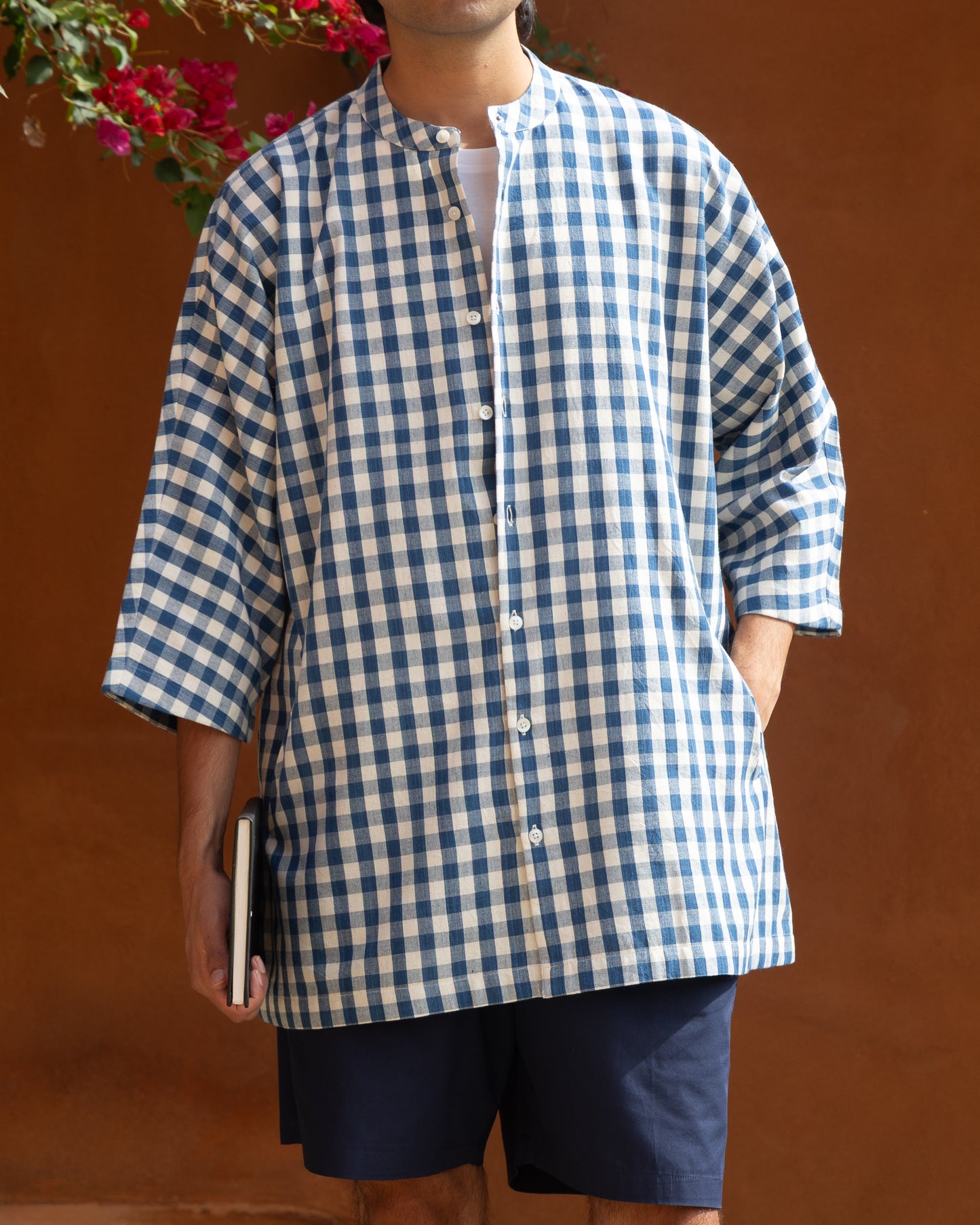 Blue box patterned handwoven Khadi cotton kimono shirt for men with 3/4 sleeves, crafted from eco-friendly organic cotton in Japanese style.
