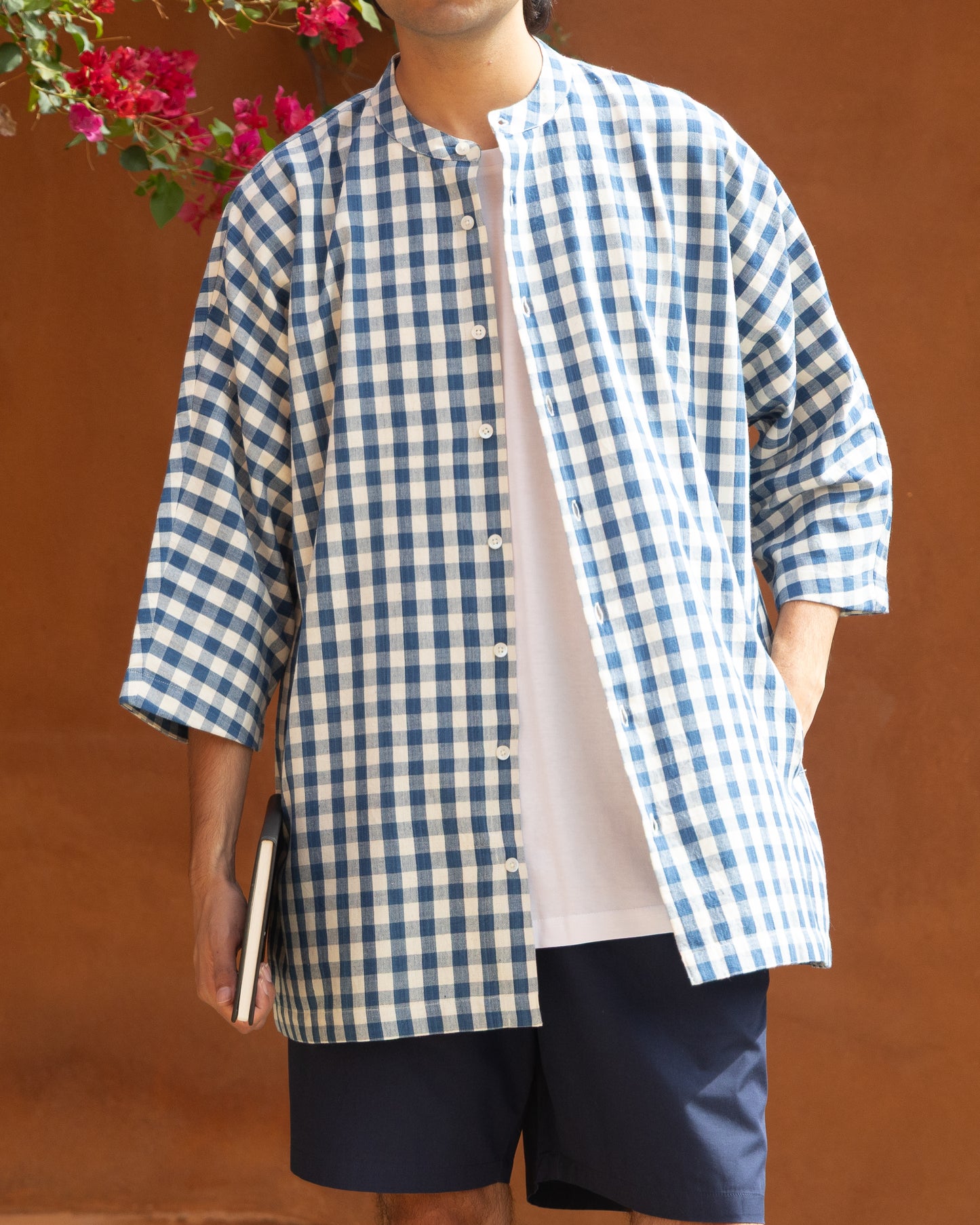 Men's blue box Khadi cotton kimono shirt, handloom fabric with quarter sleeves, earthy tones and sustainable design.