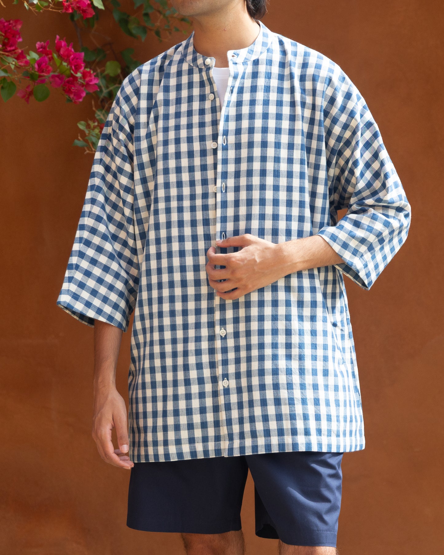 Limited edition blue box kimono style shirt for men, handloom Khadi cotton with soft blue hues and 3/4 kimono sleeves.