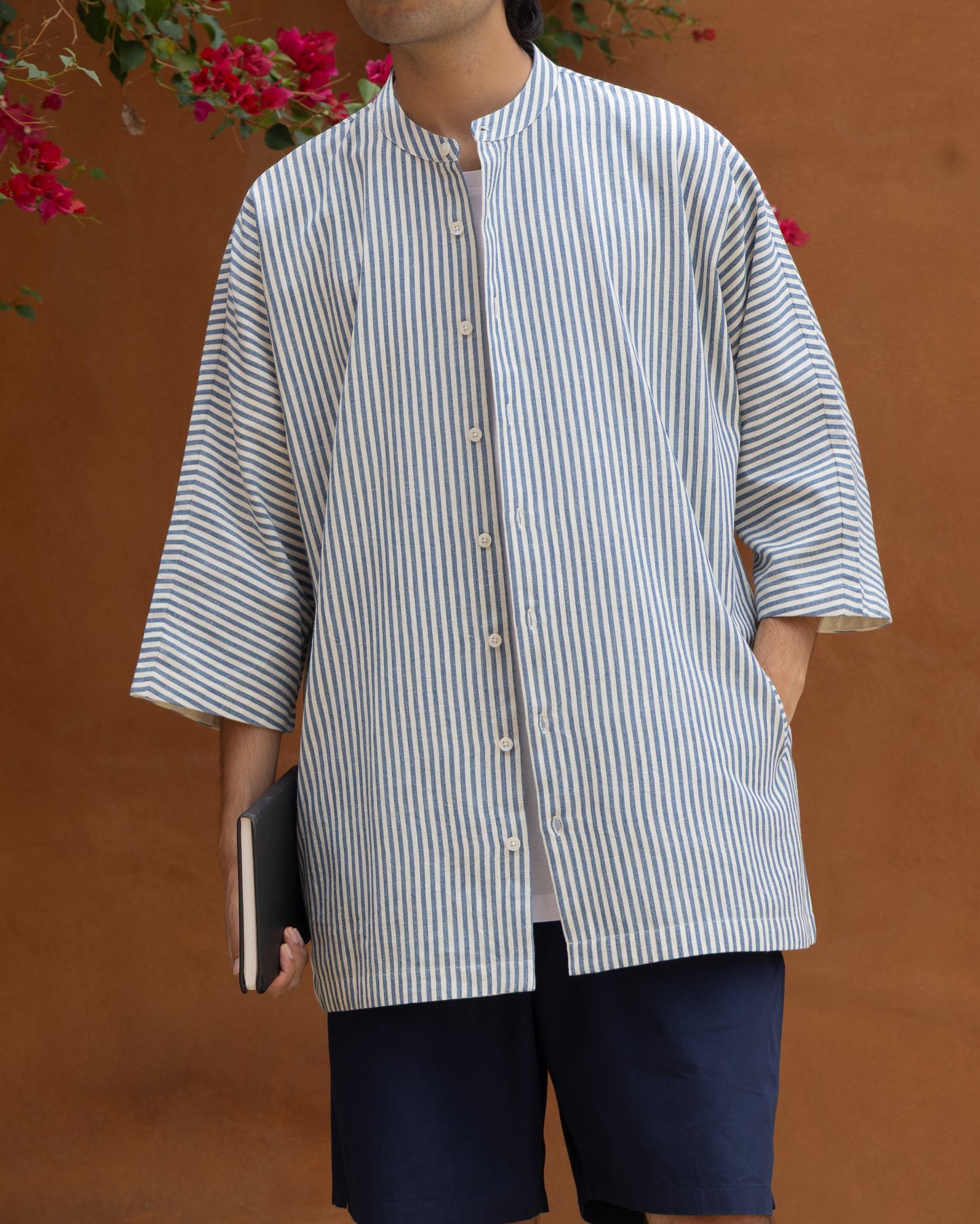 Blue stripes Khadi cotton kimono shirt for men with 3/4 sleeves, handwoven from organic cotton, Japanese-style eco-friendly design.