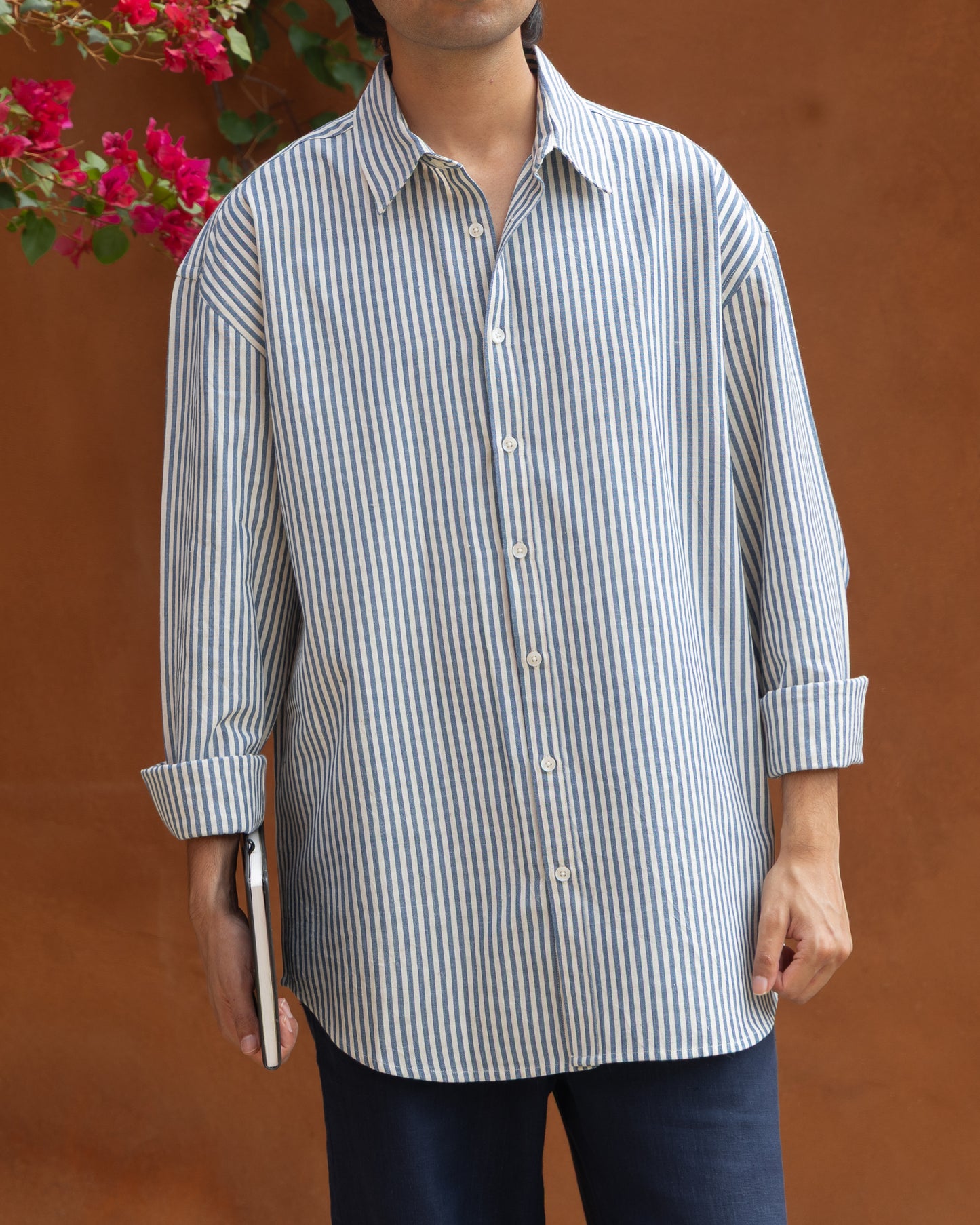 Blue stripes relaxed fit shirt for men made from organic Khadi cotton, featuring handloom craftsmanship and eco-friendly fabric.