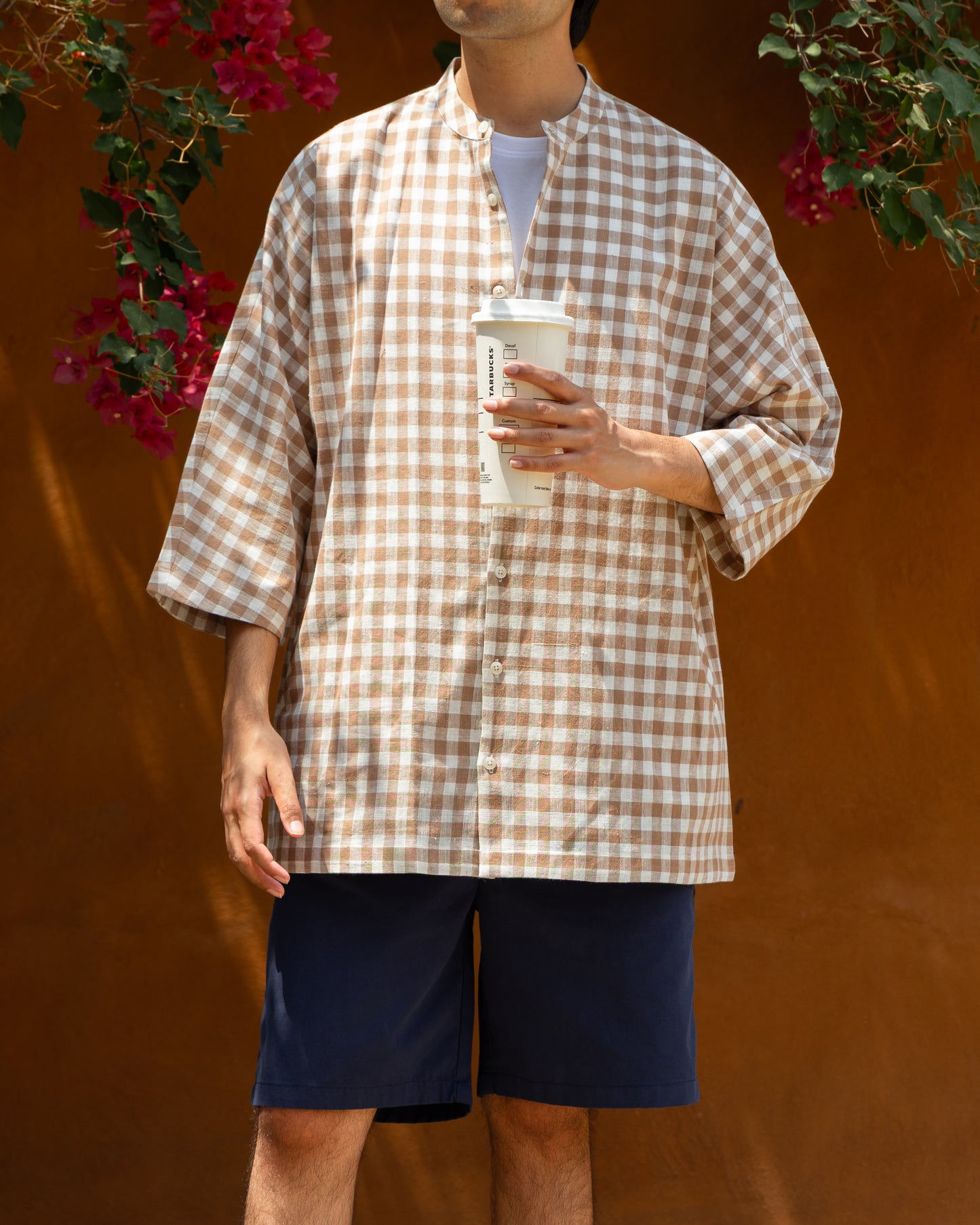 Brown & cream checked Khadi cotton kimono shirt for men – handwoven, organic fabric, 3/4 sleeve Japanese-style shirt, eco-friendly, earthy tone limited edition.