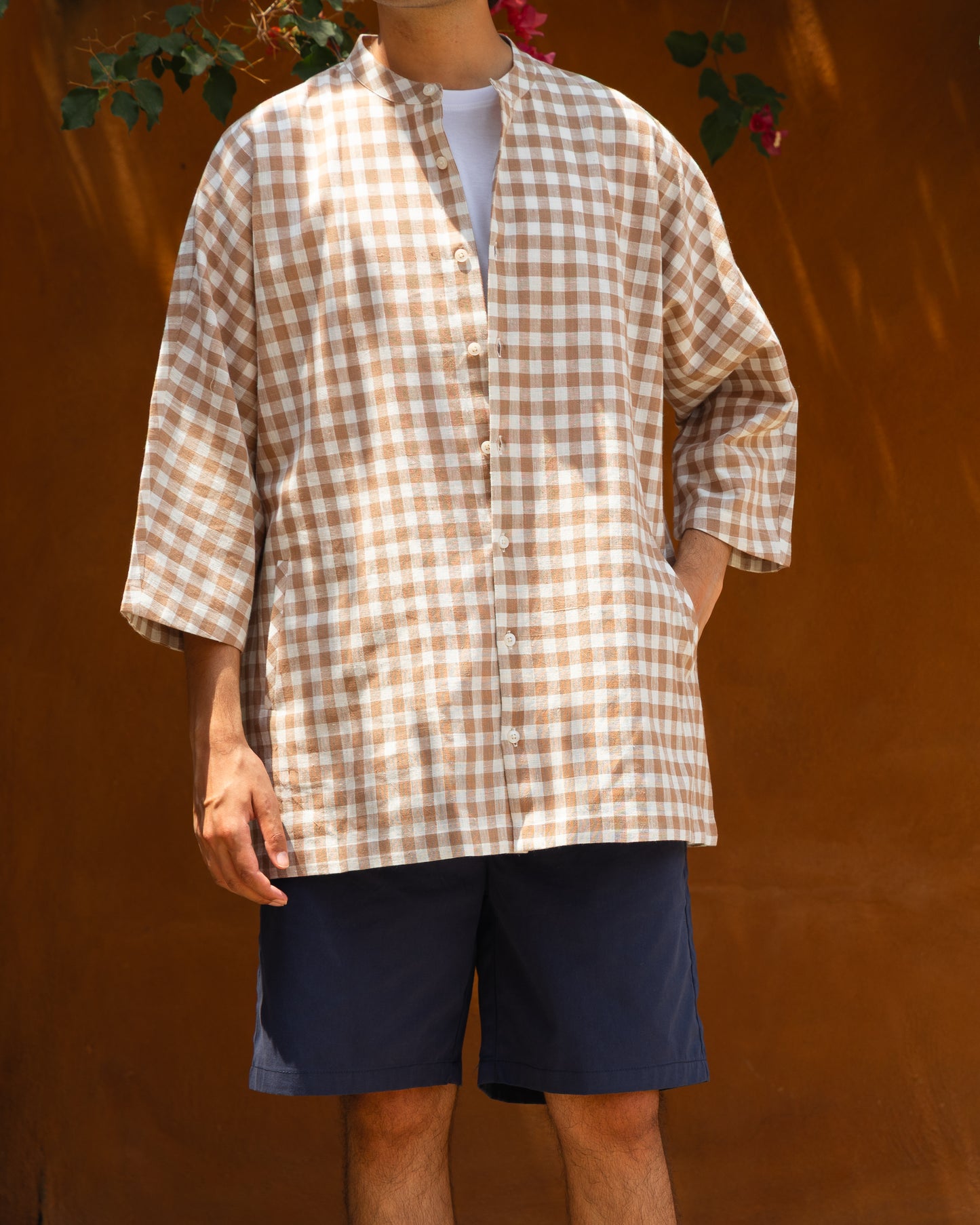 Khadi cotton kimono shirt for men in brown and cream checks – handwoven, organic, Japanese-style 3 quarter sleeve shirt with earthy tones.