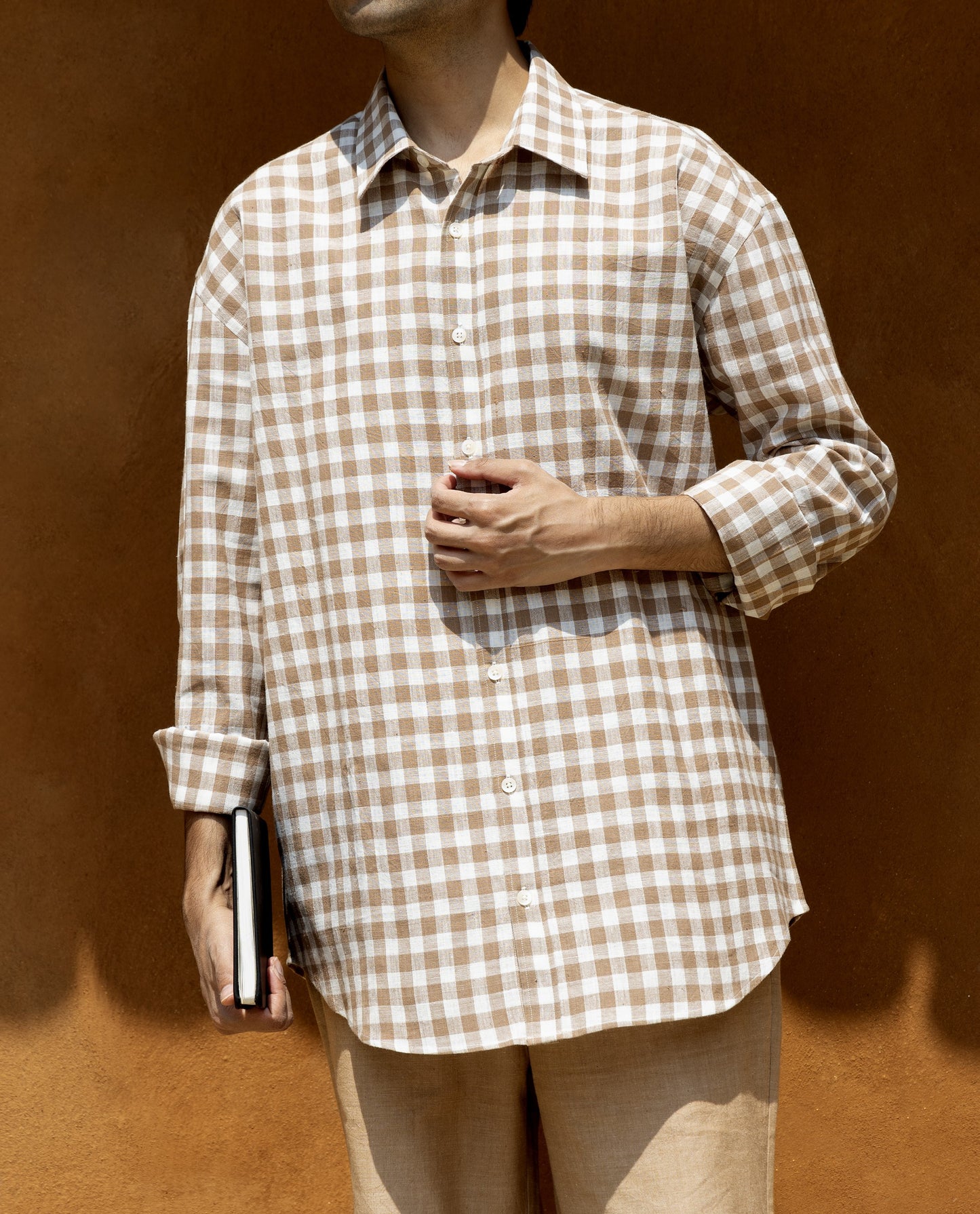 Brown and cream checked relaxed fit Khadi cotton shirt for men – handwoven, organic fabric, luxury handloom shirt, limited edition Khadi clothing.