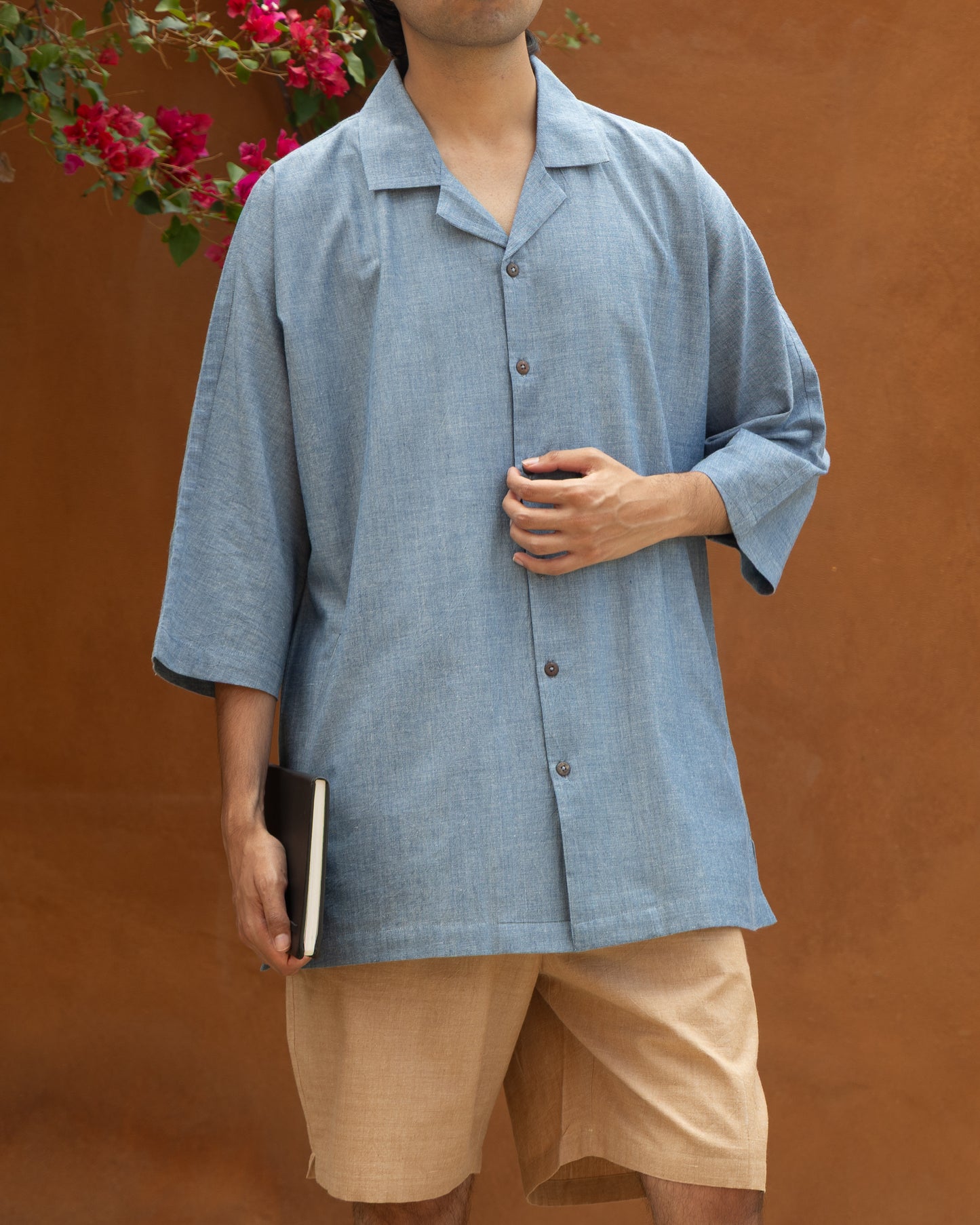 Japanese style kimono shirt for men in chambray blue, crafted from handloom organic cotton – perfect as a luxury Khadi shirt.