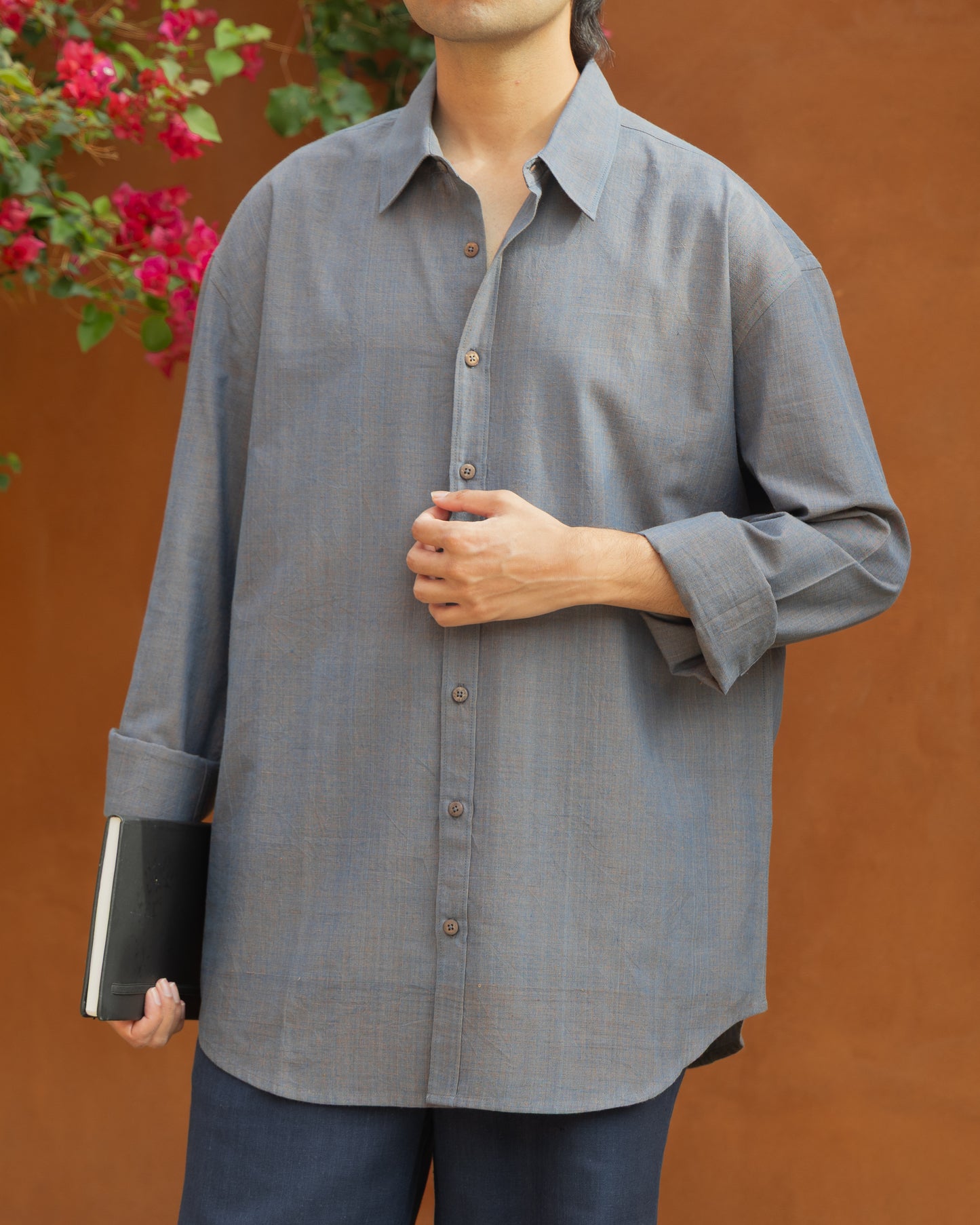 Relaxed fit charcoal grey Khadi shirt for men, crafted from organic cotton handloom fabric. Eco-friendly, limited edition handwoven shirt perfect for fans of earthy and light color shirts.