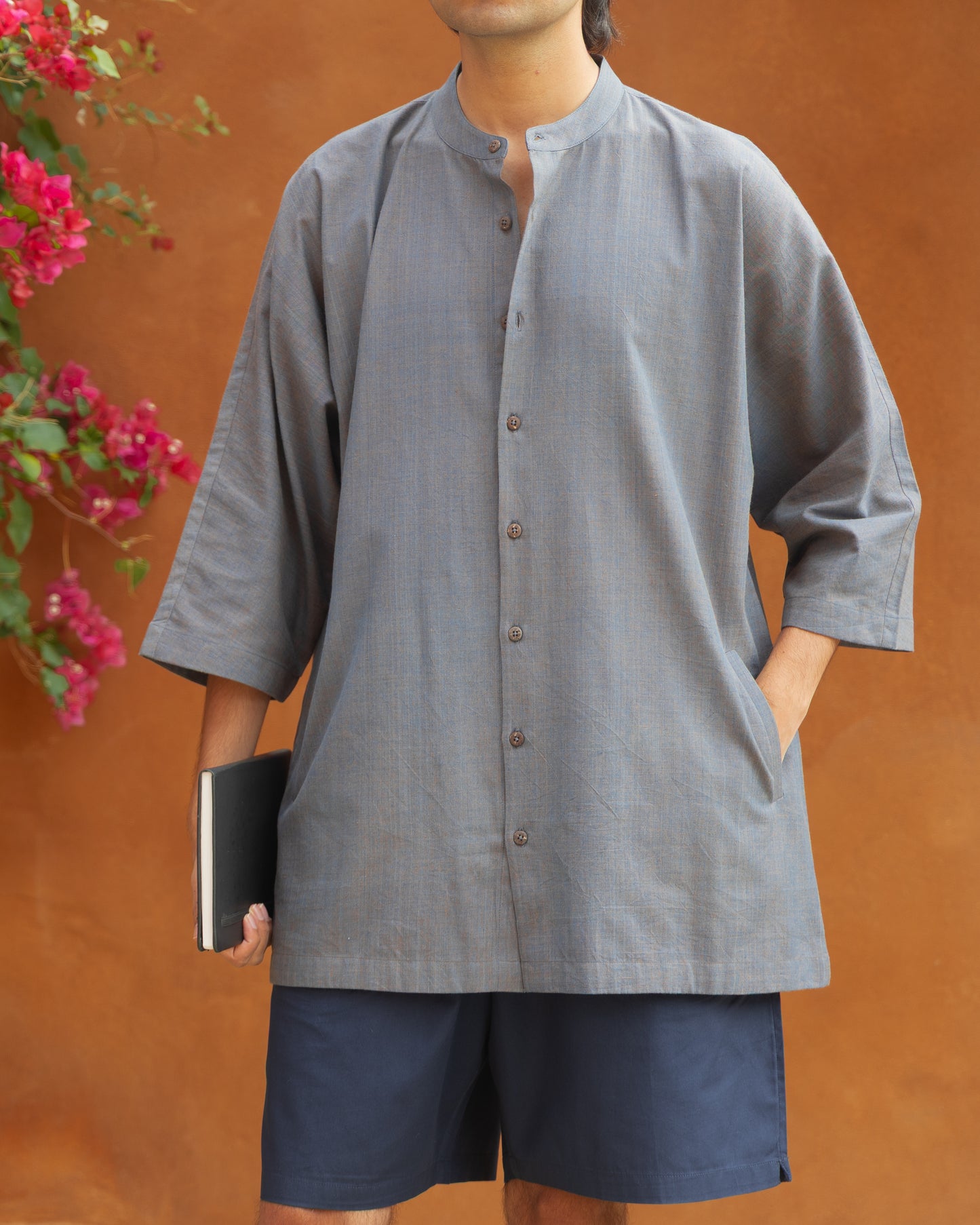 Charcoal grey dual hue handwoven Khadi cotton kimono shirt for men with 3/4 sleeves, eco-friendly organic cotton, limited edition Japanese-style handloom shirt.