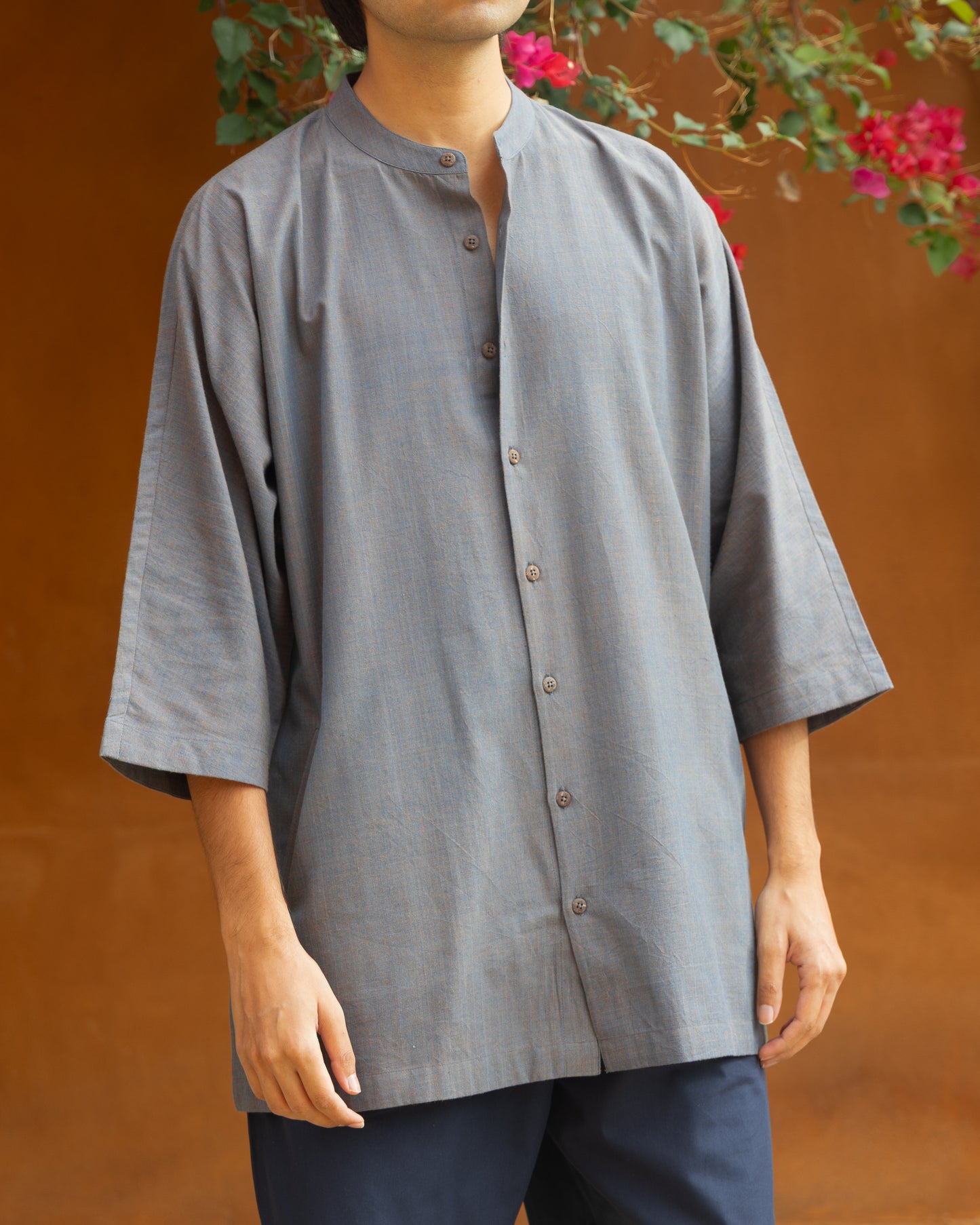 Eco-friendly charcoal grey dual hue kimono shirt for men made from handwoven Khadi cotton with 3-quarter sleeves, luxury organic cotton shirt.
