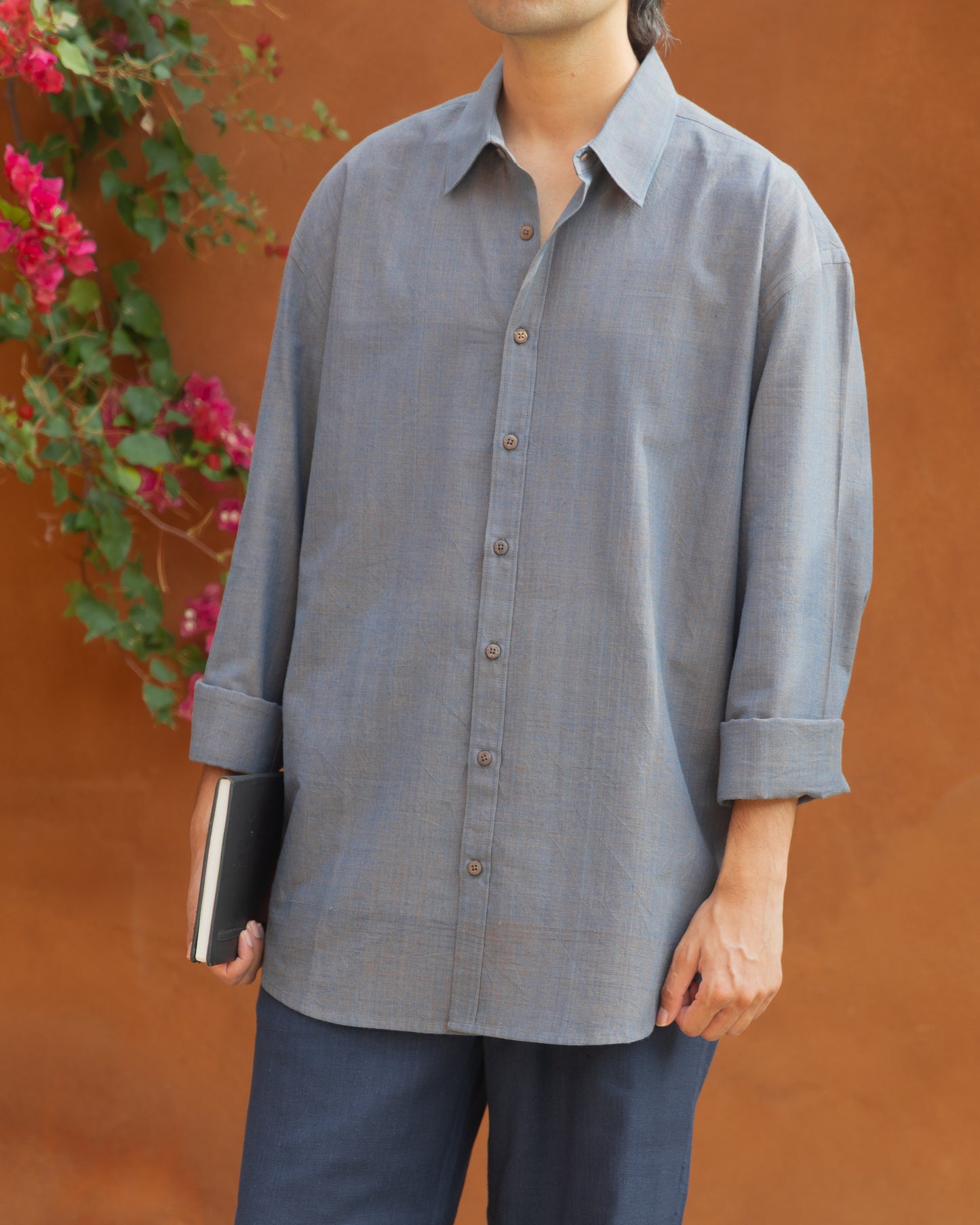 Handloom charcoal grey Khadi cotton shirt for men, featuring a relaxed fit and breathable organic fabric. Limited edition, eco-friendly shirt for men who prefer light color and earthy tone shirts.