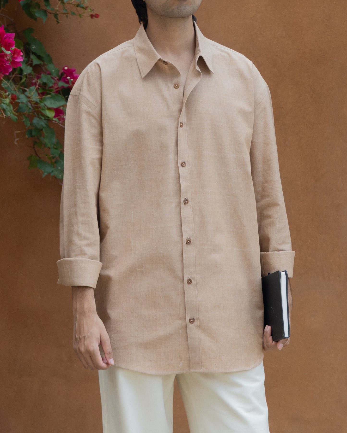Chocolate brown Khadi shirt for men – organic cotton, handwoven fabric, relaxed fit, exclusive handloom collection.