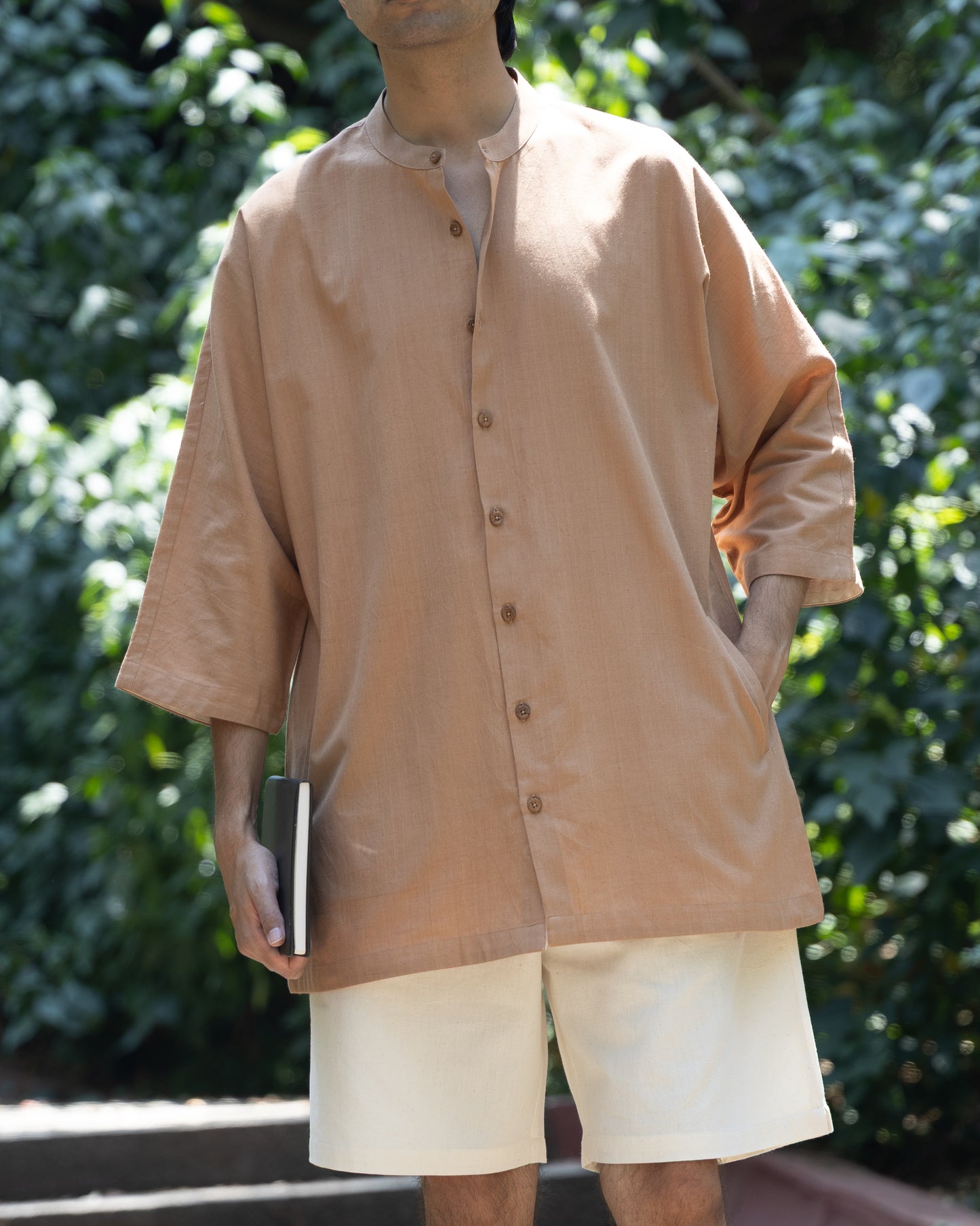 Front view of caramel brown Khadi cotton kimono shirt with 3/4 sleeves for men