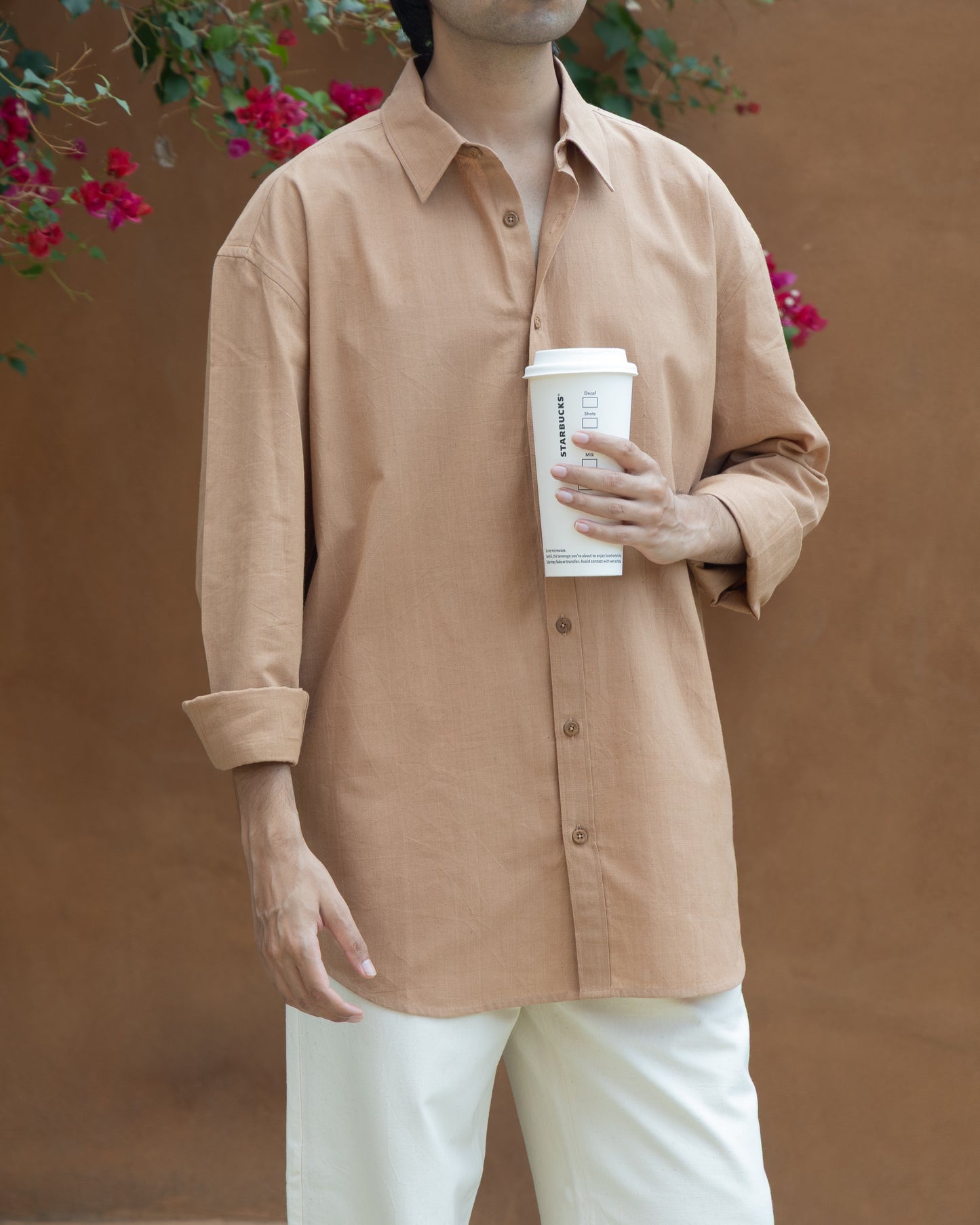 Caramel brown relaxed fit Khadi cotton shirt for men with handwoven texture