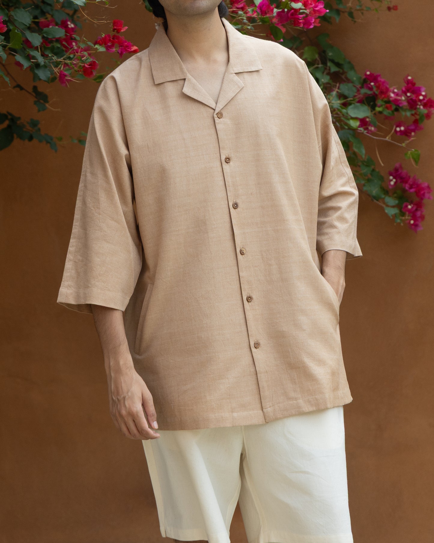 Cocoa Brown Camp Collar Kimono Shirt for men made with handwoven Khadi cotton, featuring 3/4 kimono sleeves and eco-friendly fabric in rich chocolate brown earthy tone.