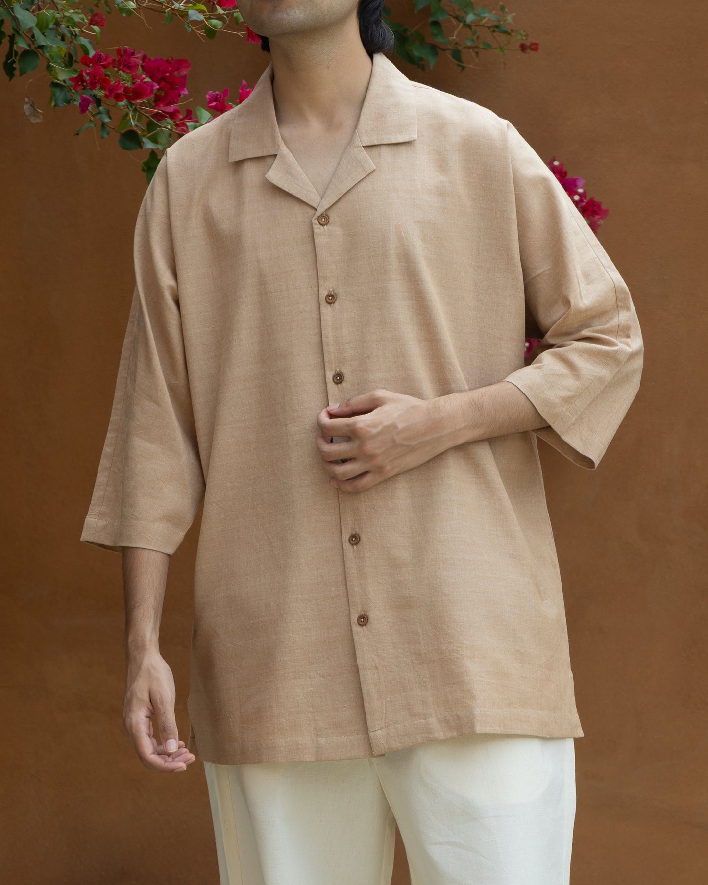 Men's Khadi cotton camp collar kimono shirt in chocolate brown, combining traditional handloom craftsmanship with Japanese style and a relaxed fit.