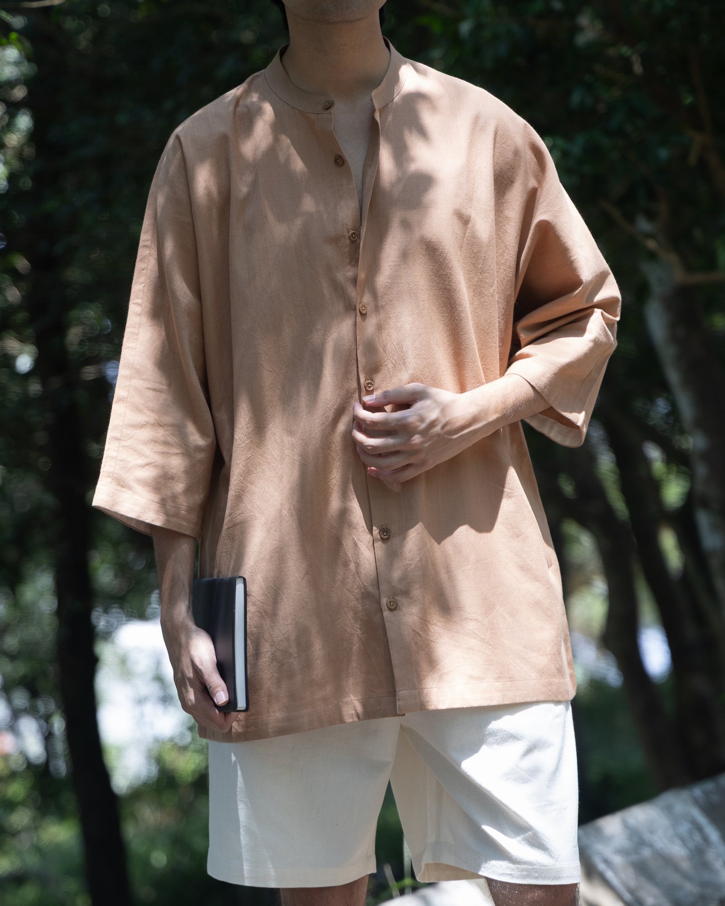 Handwoven Khadi shirt in earthy brown tone with kimono-style sleeves, styled for men
