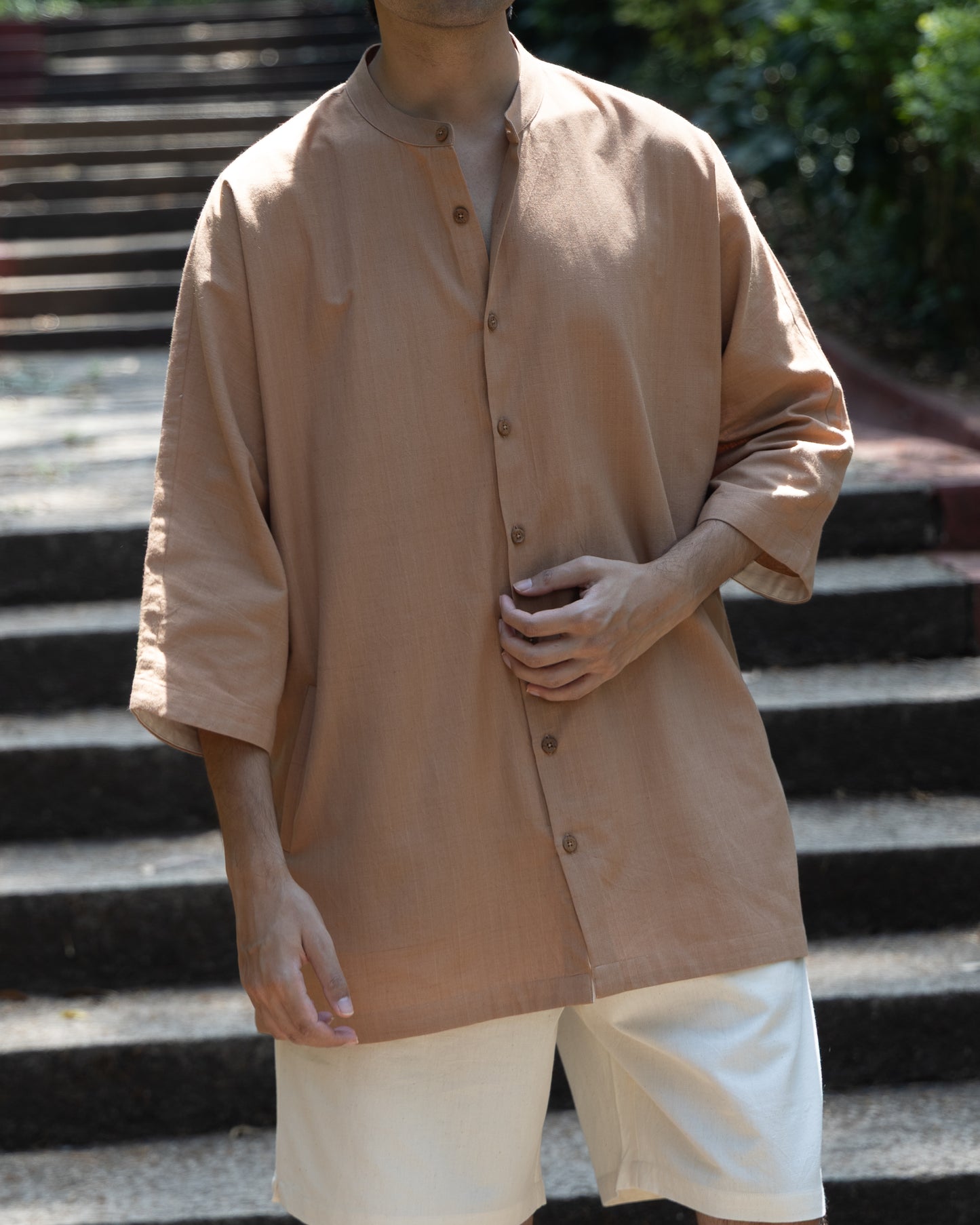 Eco-friendly caramel brown men's shirt made from organic cotton, featuring Japanese kimono design
