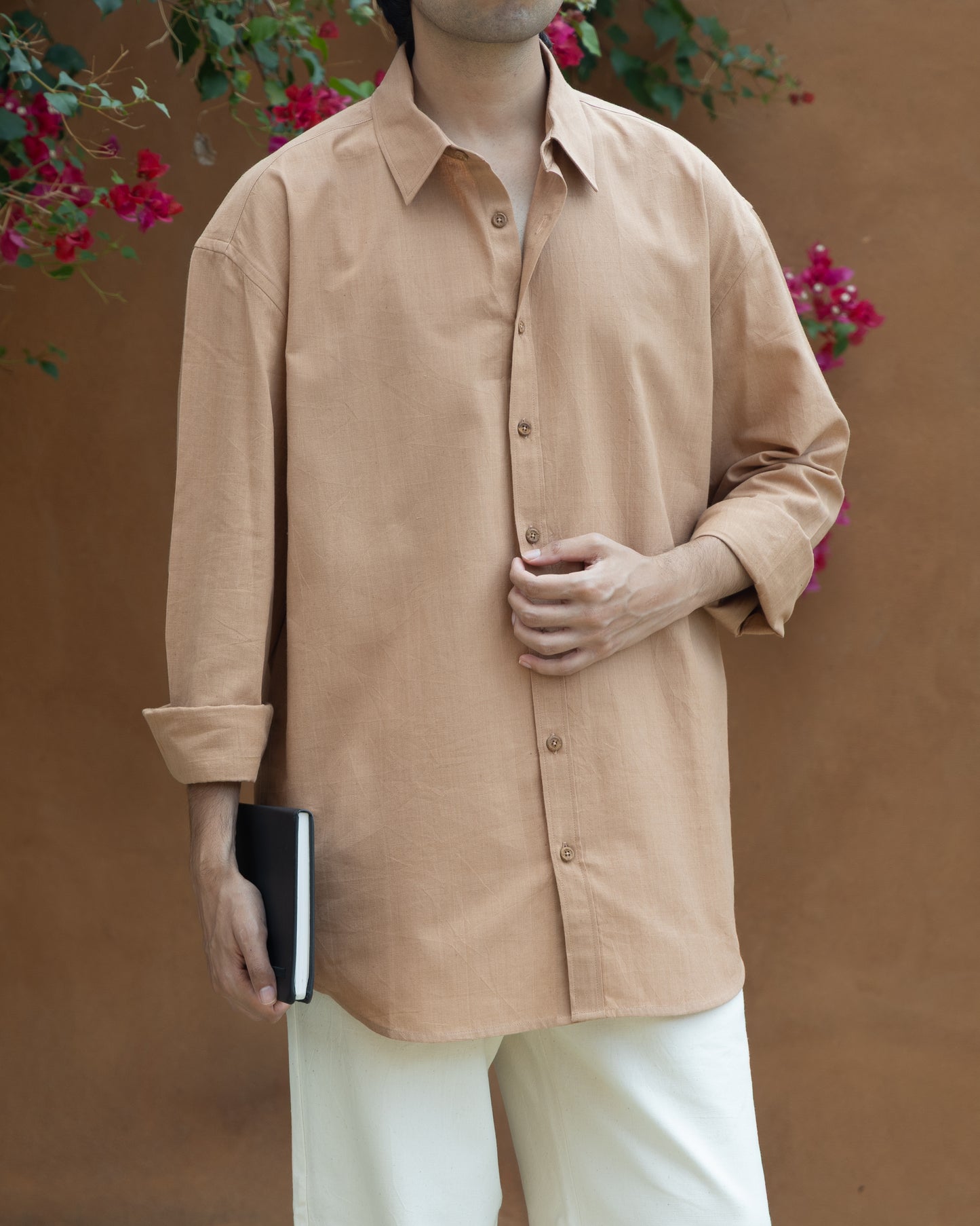 Organic handloom shirt in earthy brown tone, featuring a loose, breathable fit