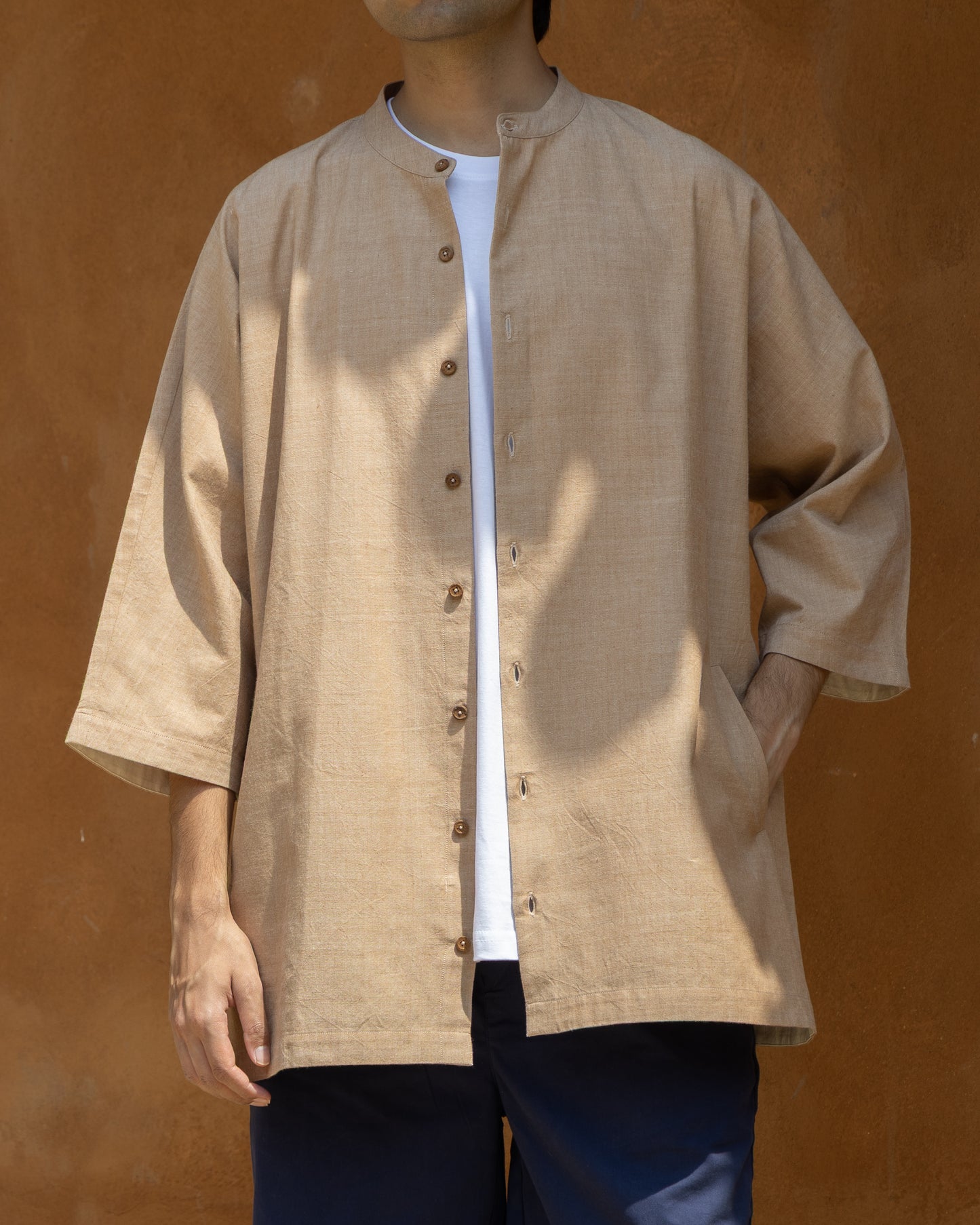 Cocoa brown Khadi cotton kimono shirt for men – handwoven, organic fabric, 3/4 sleeve Japanese-style shirt, earthy tone, eco-friendly limited edition.