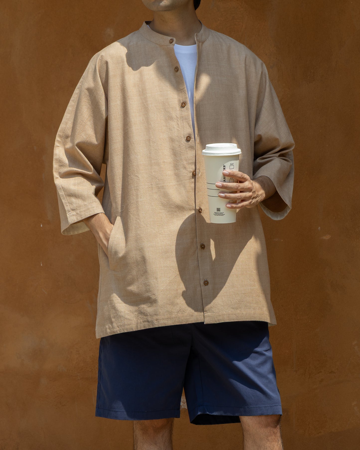 Men’s cocoa brown kimono shirt – handwoven Khadi cotton, 3/4 sleeves, Japanese-style, organic and eco-friendly earthy tone shirt.