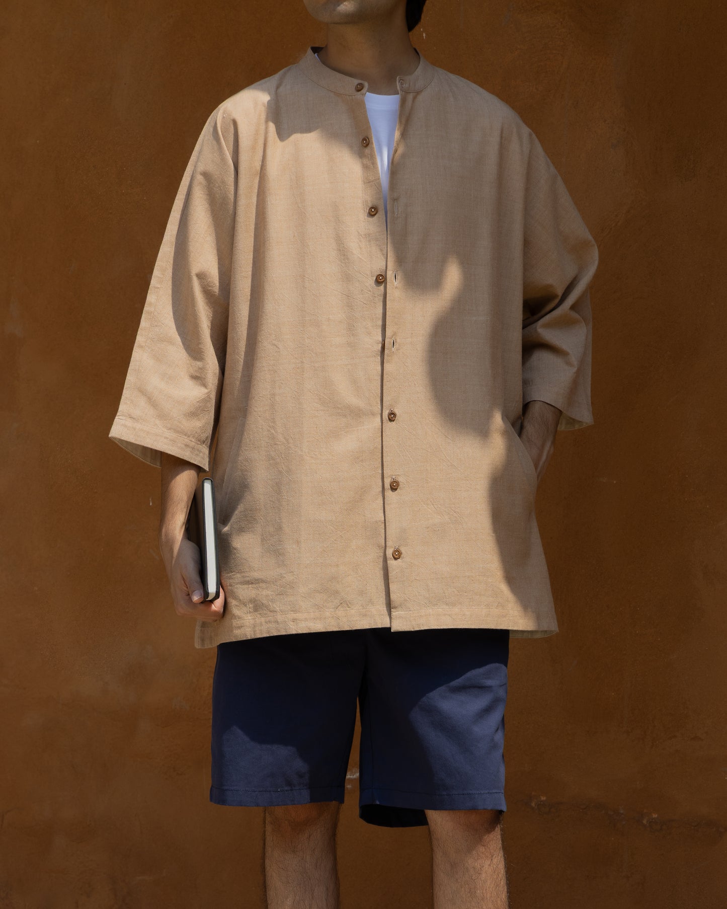 Chocolate brown Khadi kimono shirt for men – handloom, organic cotton, 3 quarter sleeves, luxury Japanese-style eco-conscious shirt.