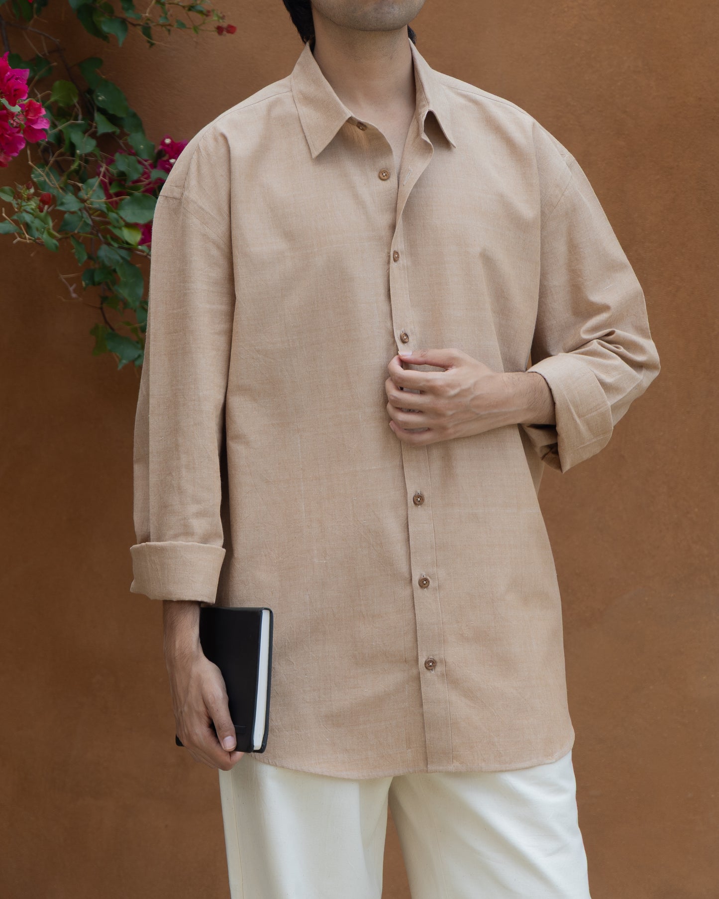 Chocolate brown Khadi shirt for men – organic cotton, handwoven fabric, relaxed fit, exclusive handloom collection.