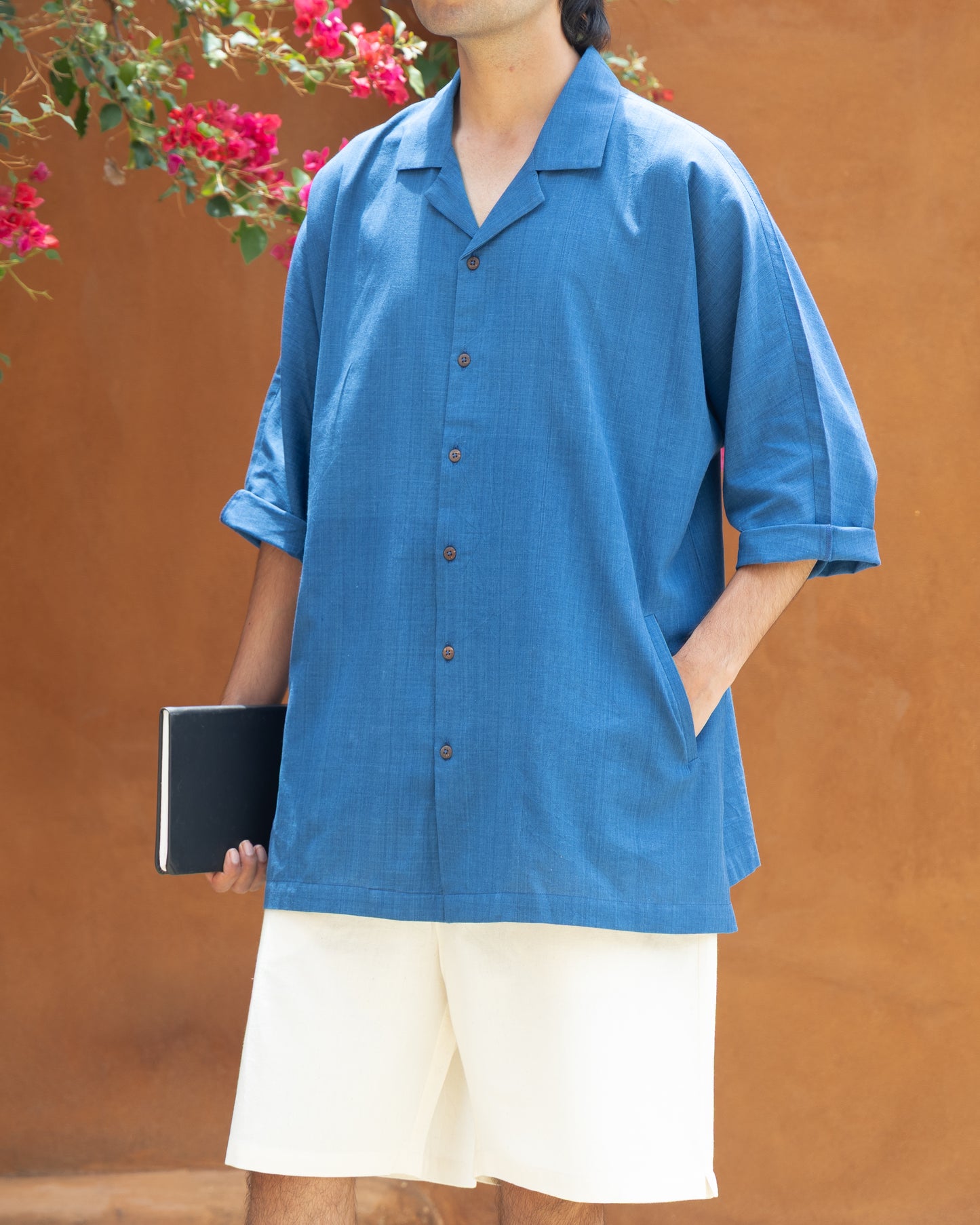 Deep blue Japanese kimono-style shirt for men, made from handloom Khadi cotton with quarter sleeves—an elegant, eco-conscious wardrobe essential.