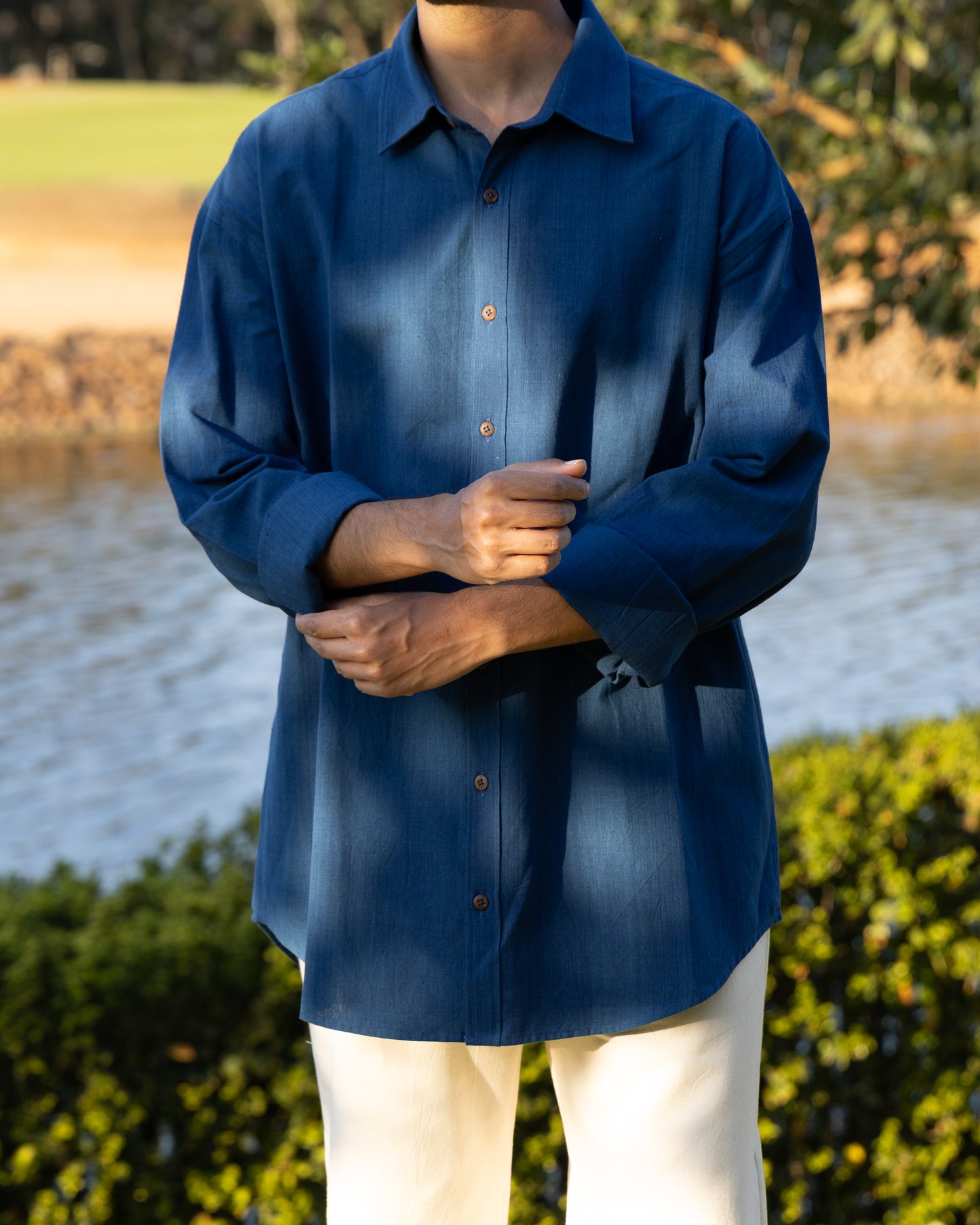 Deep blue indigo relaxed fit Khadi cotton shirt for men – handwoven, organic fabric, luxury handloom shirt, limited edition Khadi clothing.