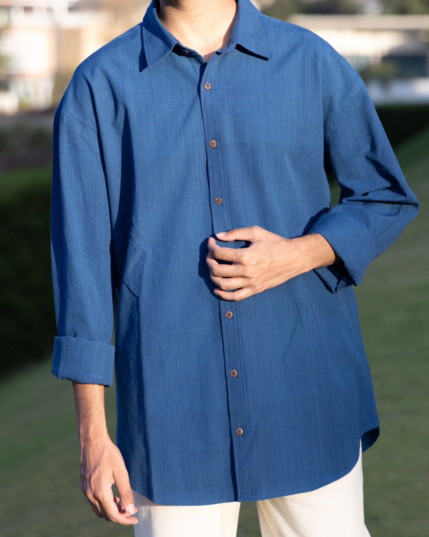 Handloom Khadi cotton shirt in deep blue – relaxed fit organic shirt for men, part of luxury Khadi clothes collection.