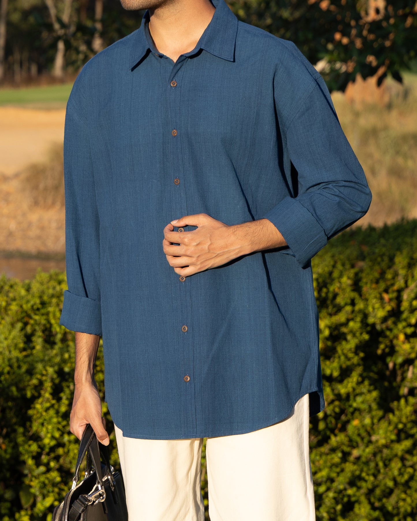 Indigo Khadi shirt for men – deep blue handwoven organic cotton shirt, relaxed fit, limited edition handloom design.