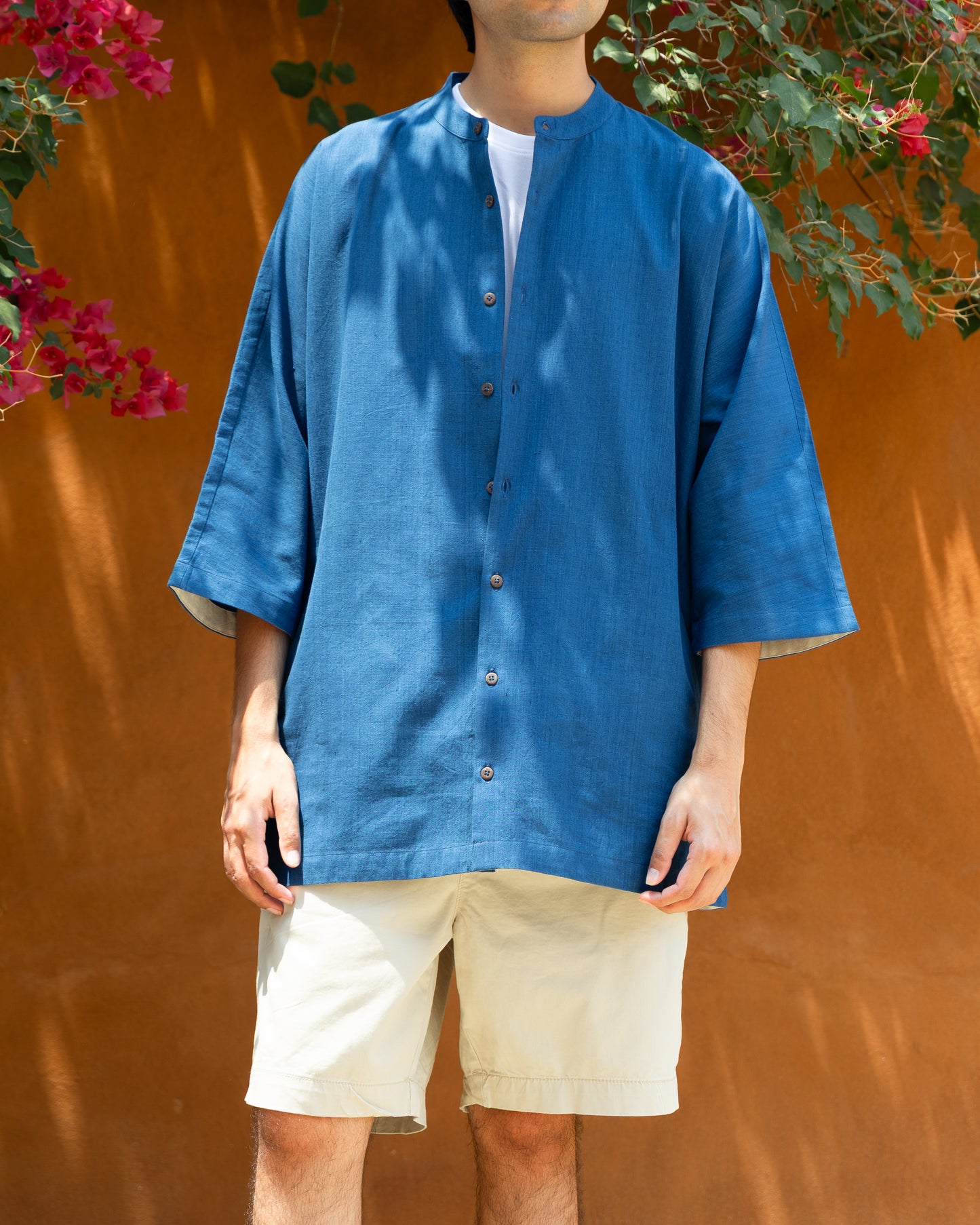 apanese style kimono shirt for men in deep blue, made with handloom Khadi cotton, lightweight and eco-conscious fashion.
