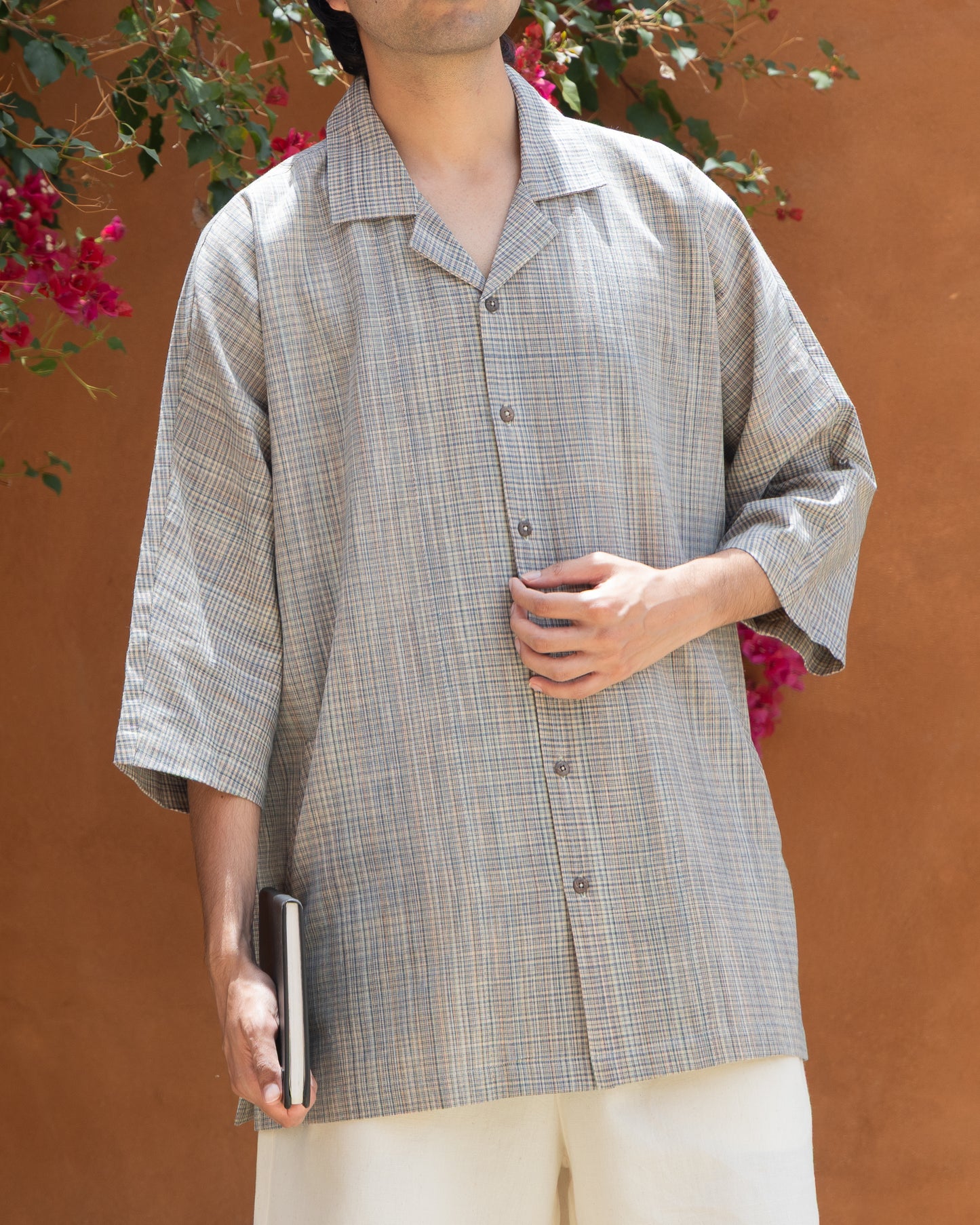 Earth tone Khadi cotton kimono shirt for men with camp collar and 3/4 sleeves, made from organic handwoven fabric.