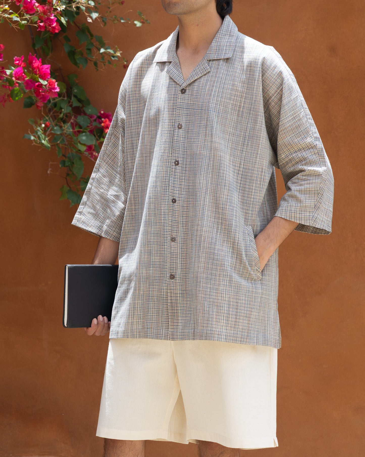 Eco-friendly handloom shirt in earthy check pattern, featuring a Japanese kimono-inspired design and relaxed fit.