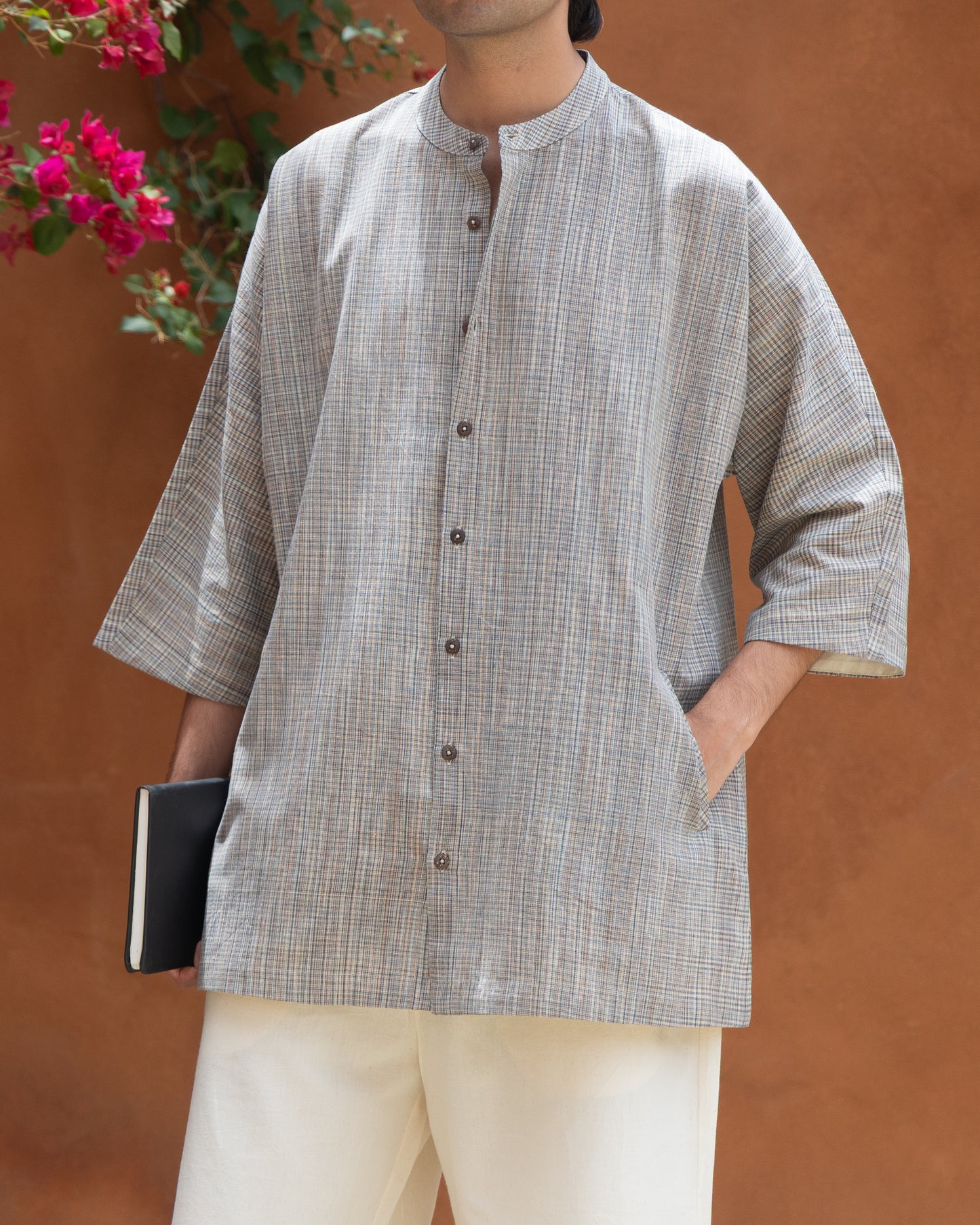 Earth check kimono shirt for men made from handwoven Khadi cotton with a relaxed fit and 3/4 sleeves.