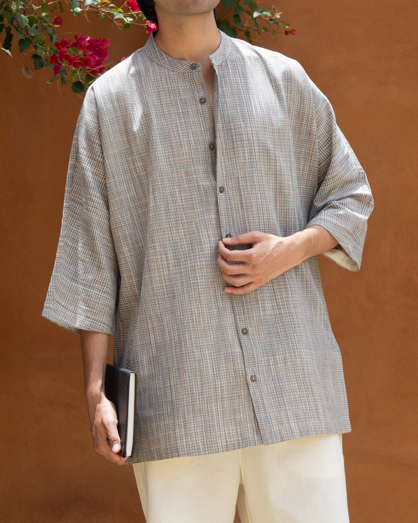 Earth check kimono shirt for men made from handwoven Khadi cotton with a relaxed fit and 3/4 sleeves.