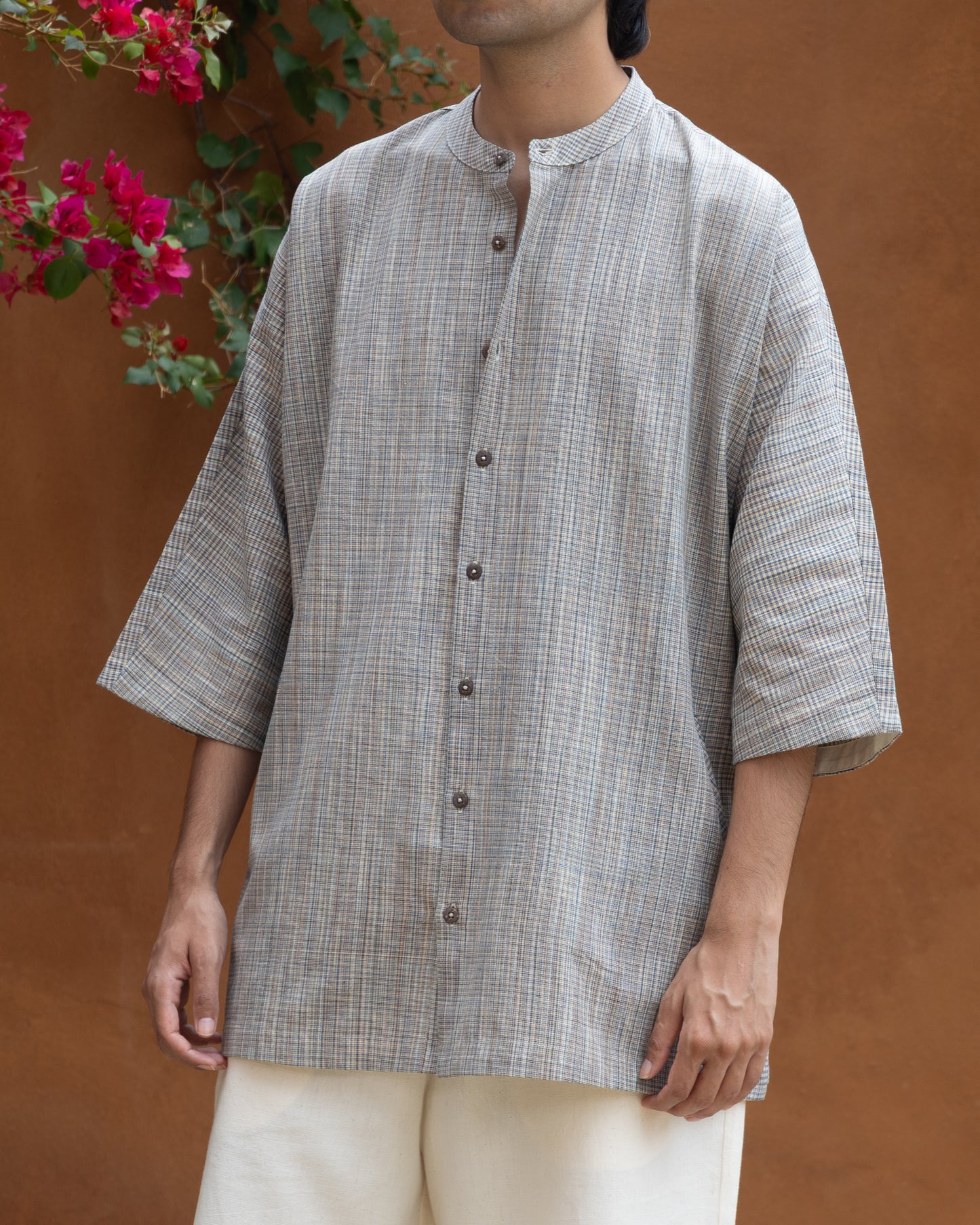 Handloom Khadi shirt for men in earth-tone checks, inspired by Japanese kimono style with a modern camp collar.