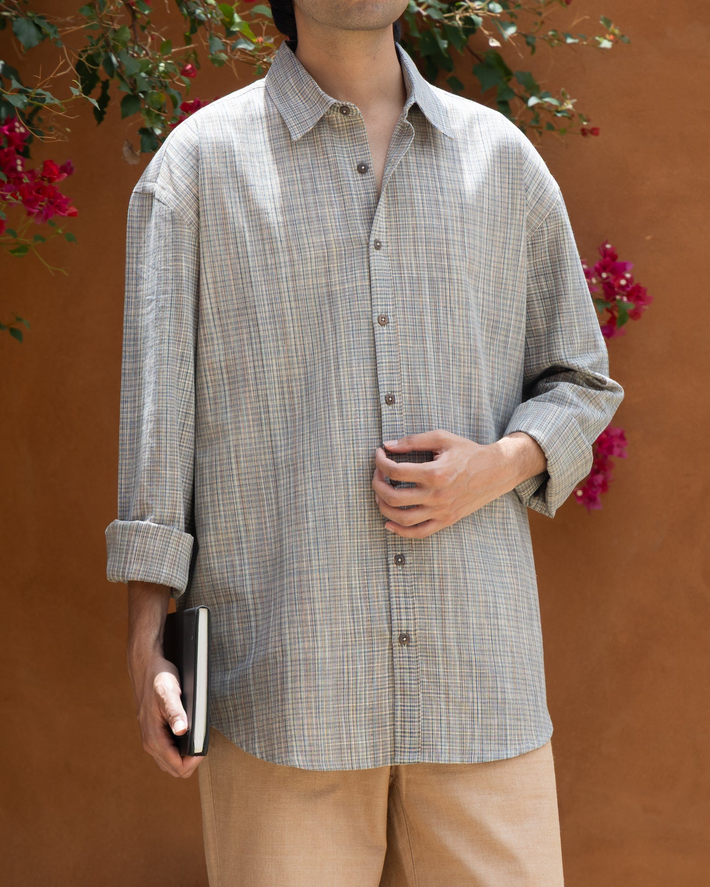Earth Check relaxed fit Khadi cotton shirt for men, handwoven and eco-friendly, pastel earthy tone.