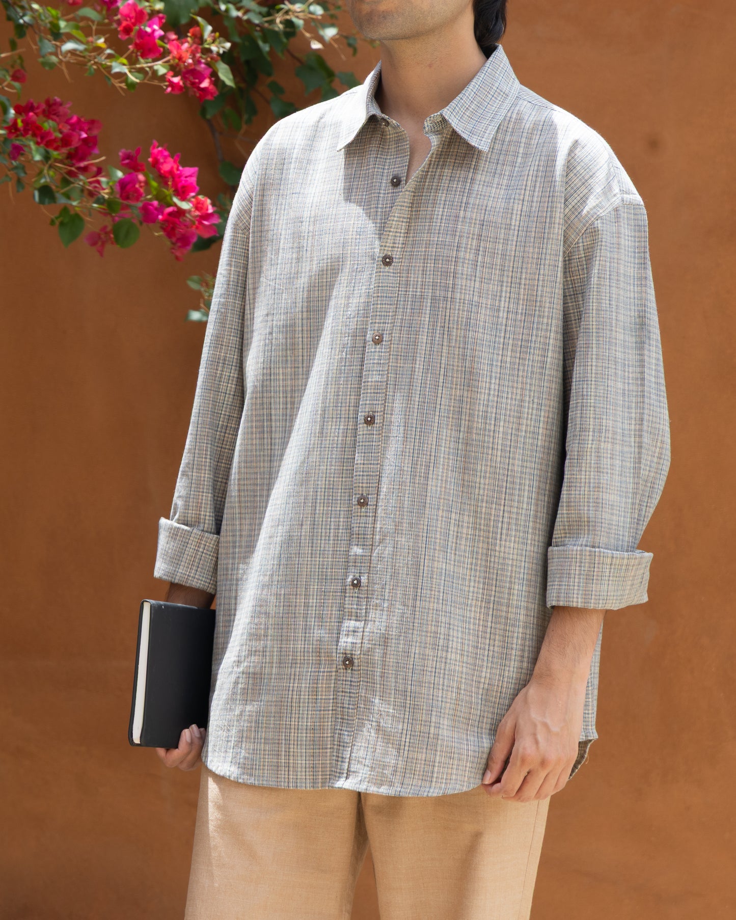 Light color Earth Check Khadi shirt for men, sustainable and handcrafted with natural fibers.